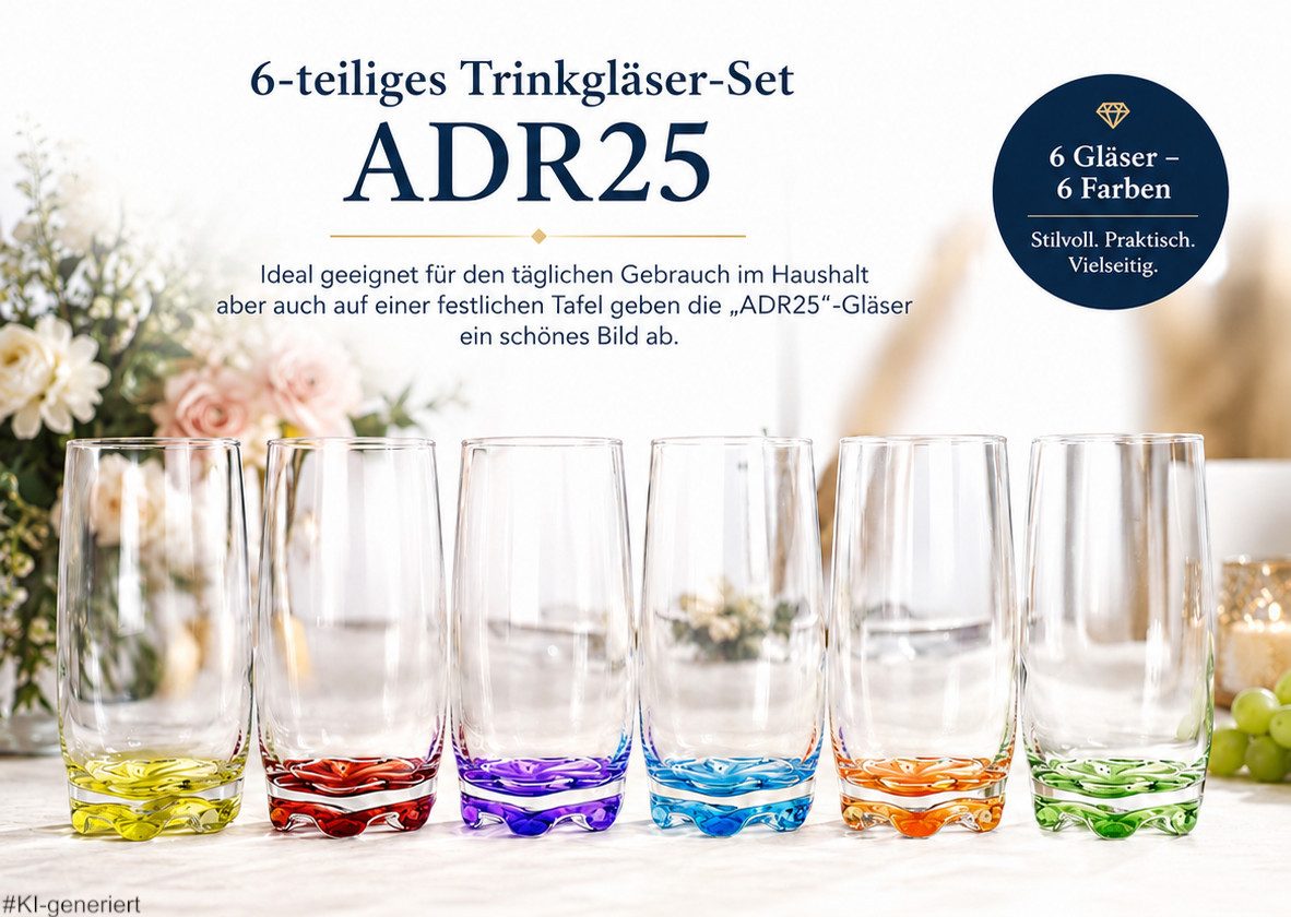 LAV Gläser-Set 6x Trinkgläser / Saftgläser / Wassergläser / Longdrinkgläser, 6-tlg., Füllmenge 350ml / 6 verschiedene Farben
