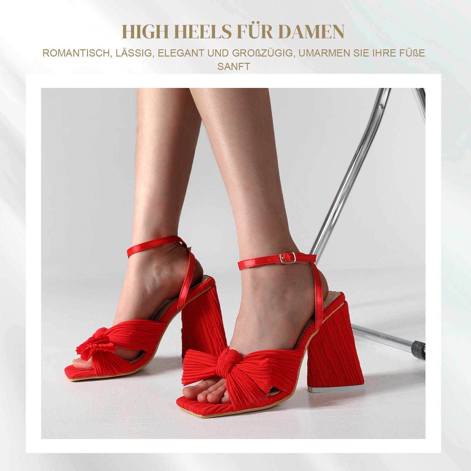 Riemchen Daisred Sandalen Rot High-Heel-Sandalette Pumps Damen Knöchelschnalle Absatz grober