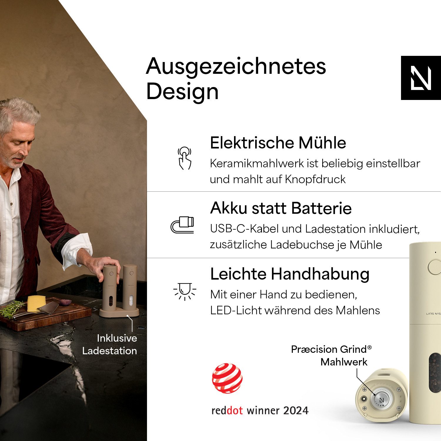 LARS NYSØM Gewürzmühle Spænding praktische Einhandbedienung per Drucktaste, (2 Stück), elektrische Salz- & Pfeffermühle mit eingebautem LED-Licht