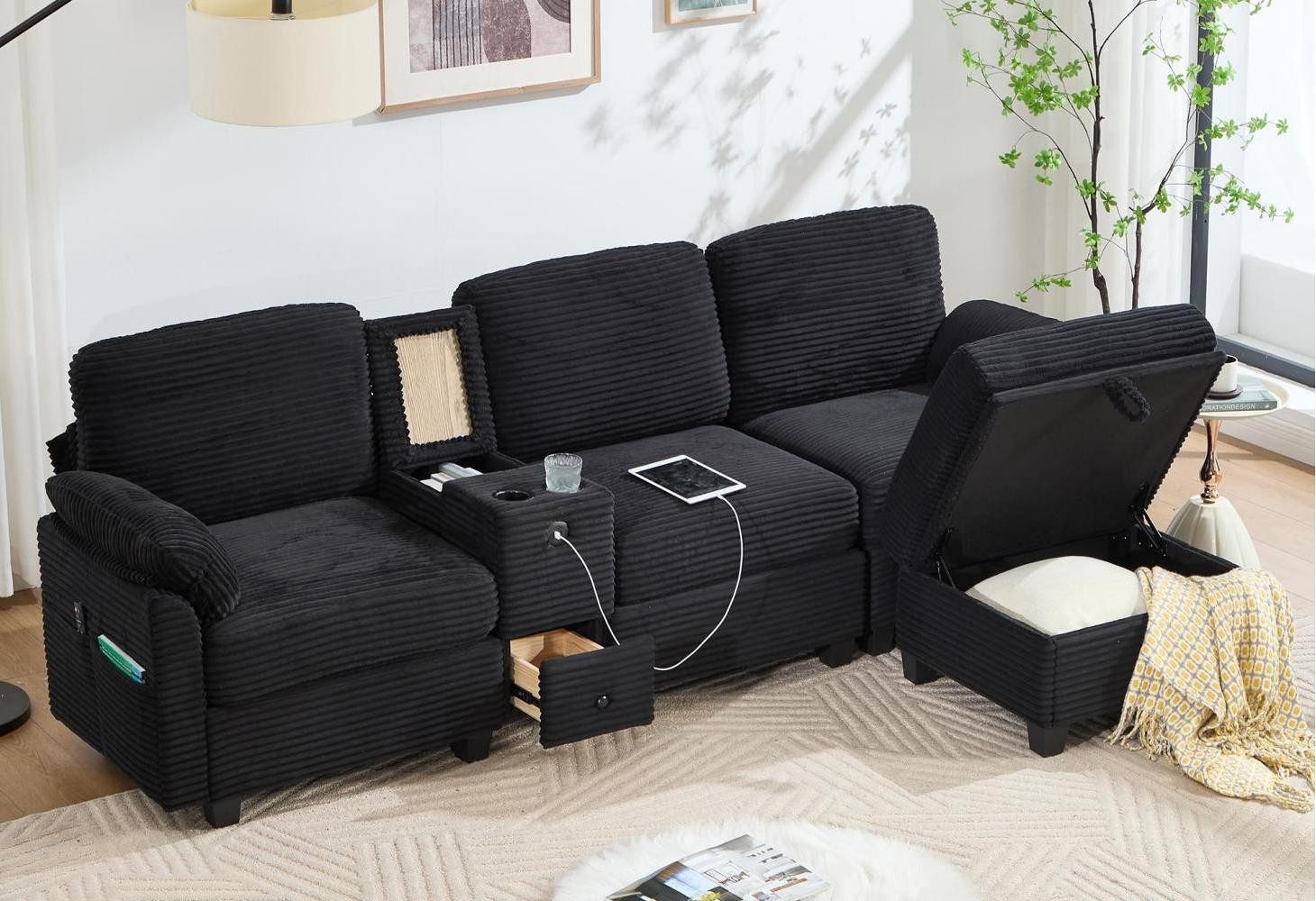 LVHOM Wohnlandschaft Loungesofa: 3-Sitzer + Sessel für 3–4 Personen, Fußhocker mit Stauraum, L-förmig links/rechts kombinierbar; bewegliche Konsole (2 Cup-Halter + Staufach +Schubladen +USB, Type C-Ladestation); Seitentaschen; Massivholz-Rahmen; Memory Foam-Komfort; Stau-Ottoman (Sitz/Fußbank); strapazierfähiger Cordbezug, flexible Gestaltung im Wohnzimmer/Homeoffice für Fernsehabende, Gäste