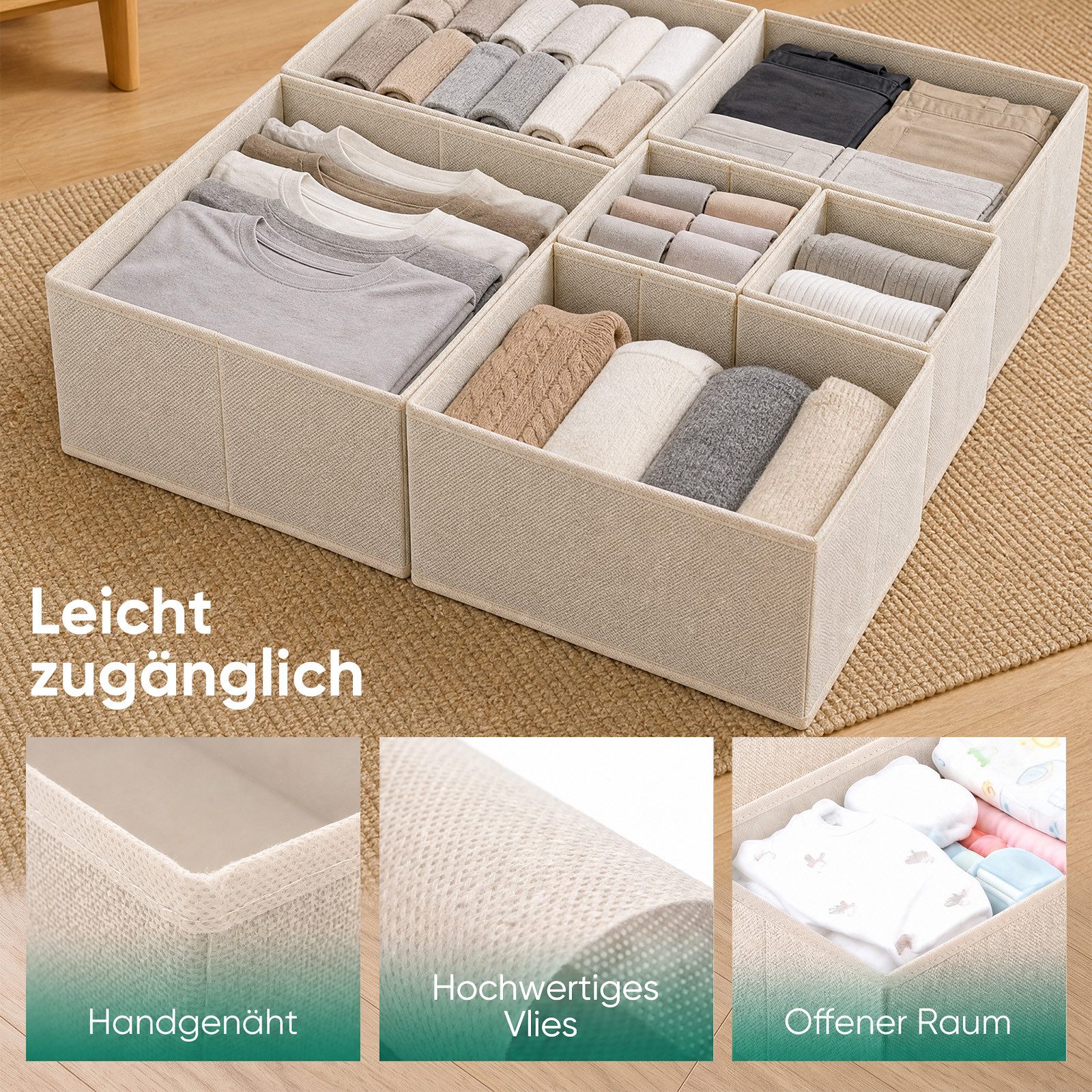 Sekey Aufbewahrungsbox Aufbewahrungsboxen Set us Vliesstoff Faltbare Stoffboxen Organizer (6 St), Beige S (28×28×13×2, 14×28×13×2, 14×14×13×2) – für Schubladen/ – Bild 5 von 5