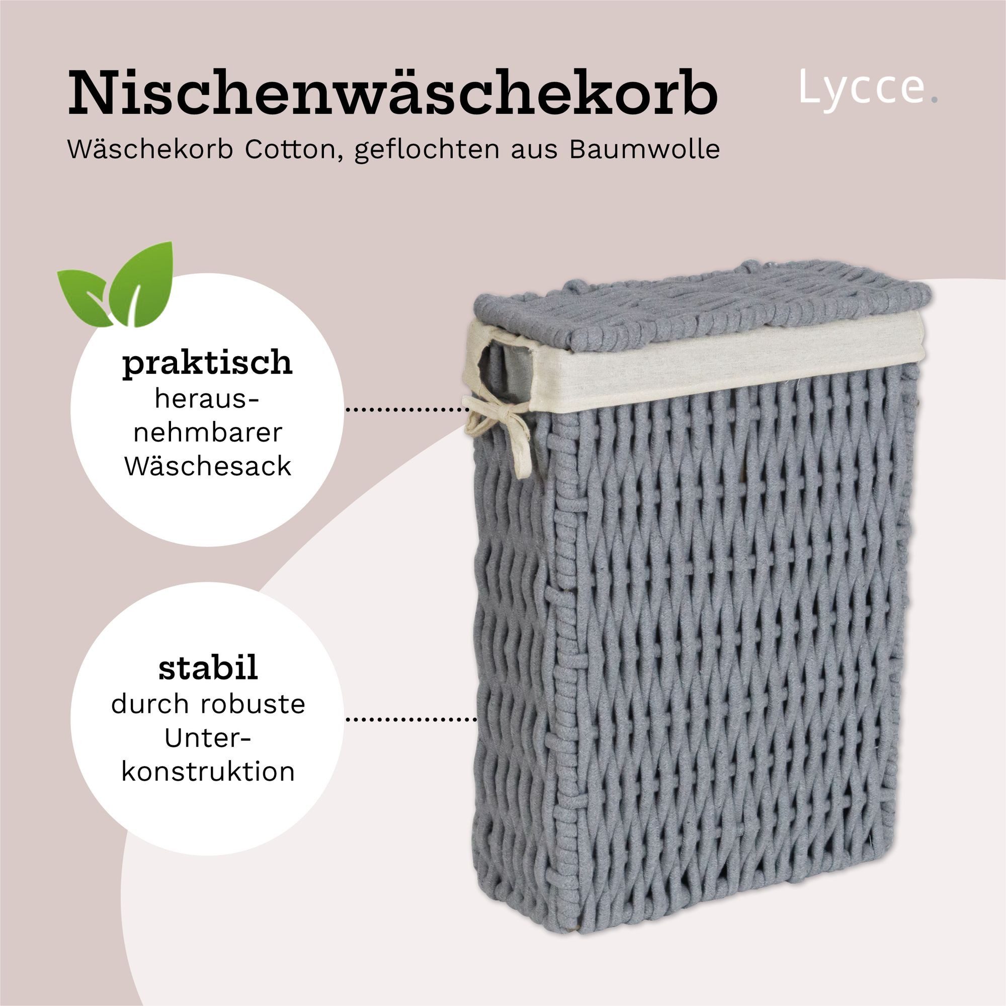 Lycce Wäschekorb Wäschekorb COTTON mit Deckel Nischenwäschekorb schmal grau günstig online kaufen