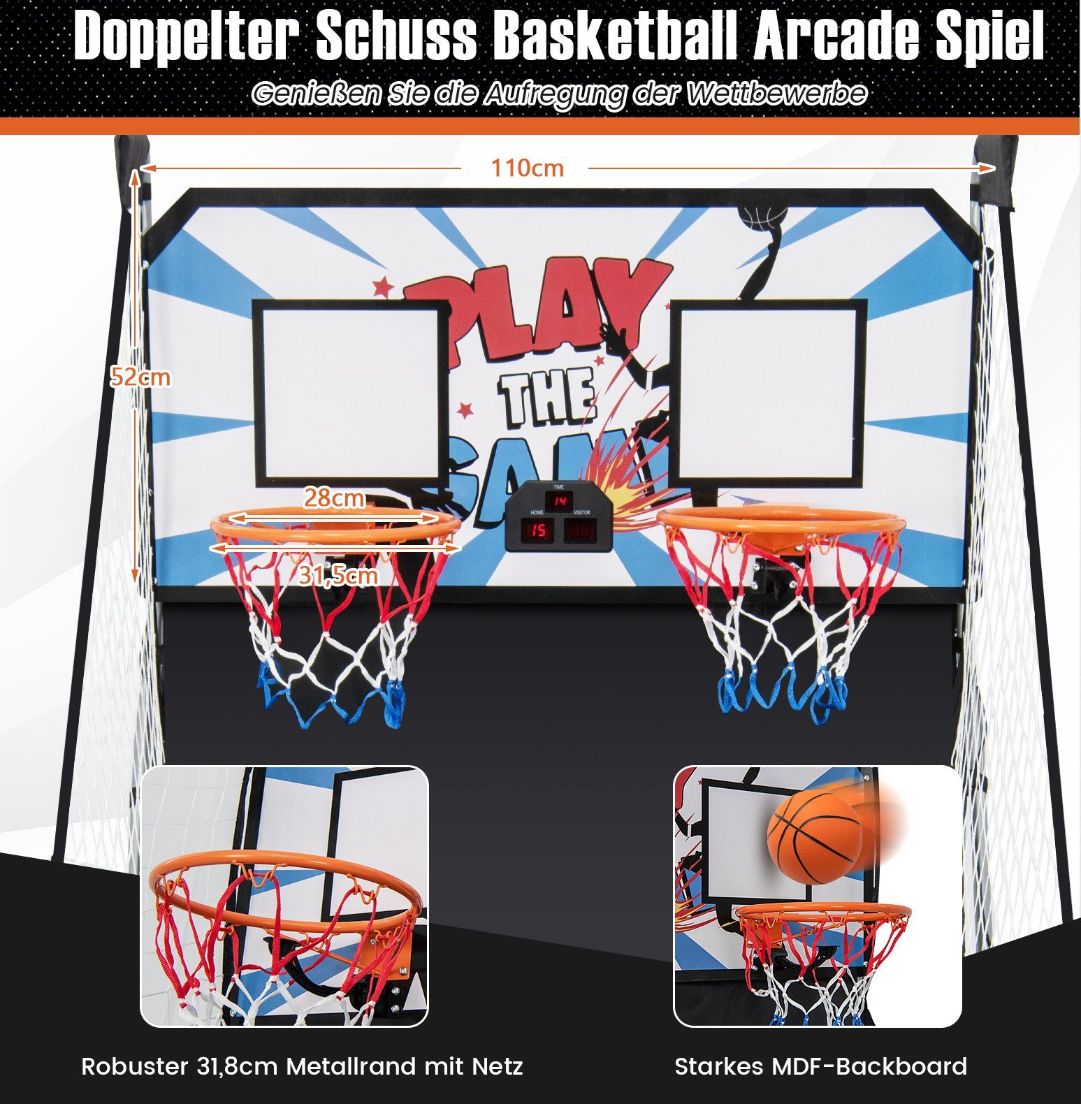 4 Bällen, Arcade-Basketballspiel, Basketballkorb inkl. klappbar weiß COSTWAY