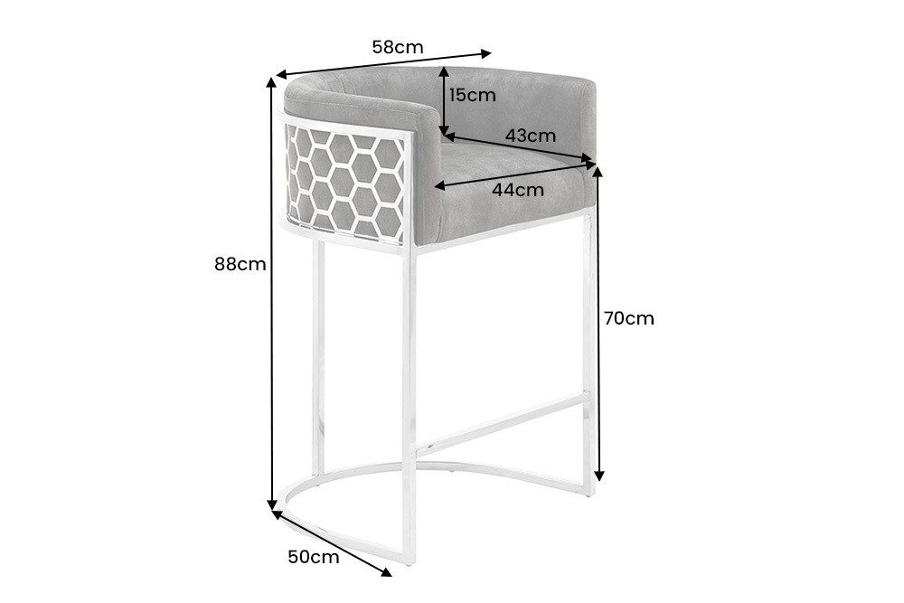 riess-ambiente Barhocker ELEGANCE grau / silber - Samt, Edelstahl, mit Armlehne und Fußablage (Einzelartikel, 1 St), gepolsterter Barstuhl - ideal für Kücheninseln, Bartische und Tresen