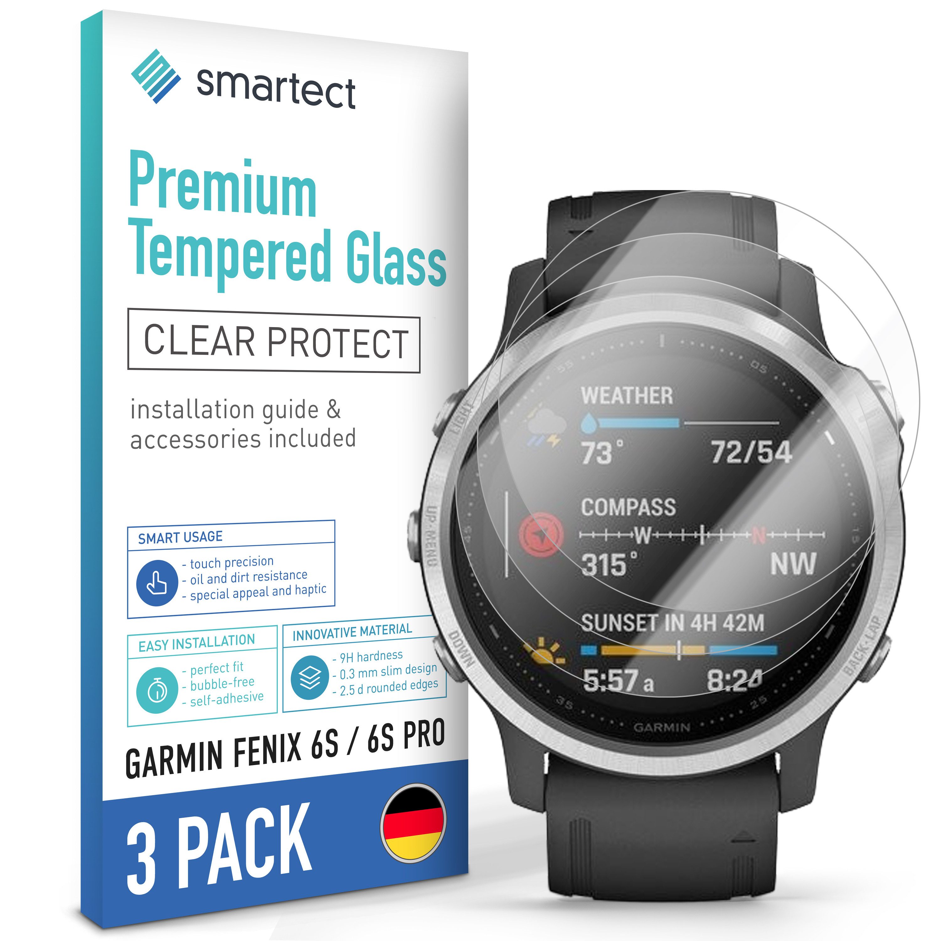 smartect Displayschutzglas Schutzglas Panzerfolie Klar für Garmin Fenix 6S/ 6S Pro/ 5S, Set, 3 Stück, Schutzfolie Glasschutz Bildschirm