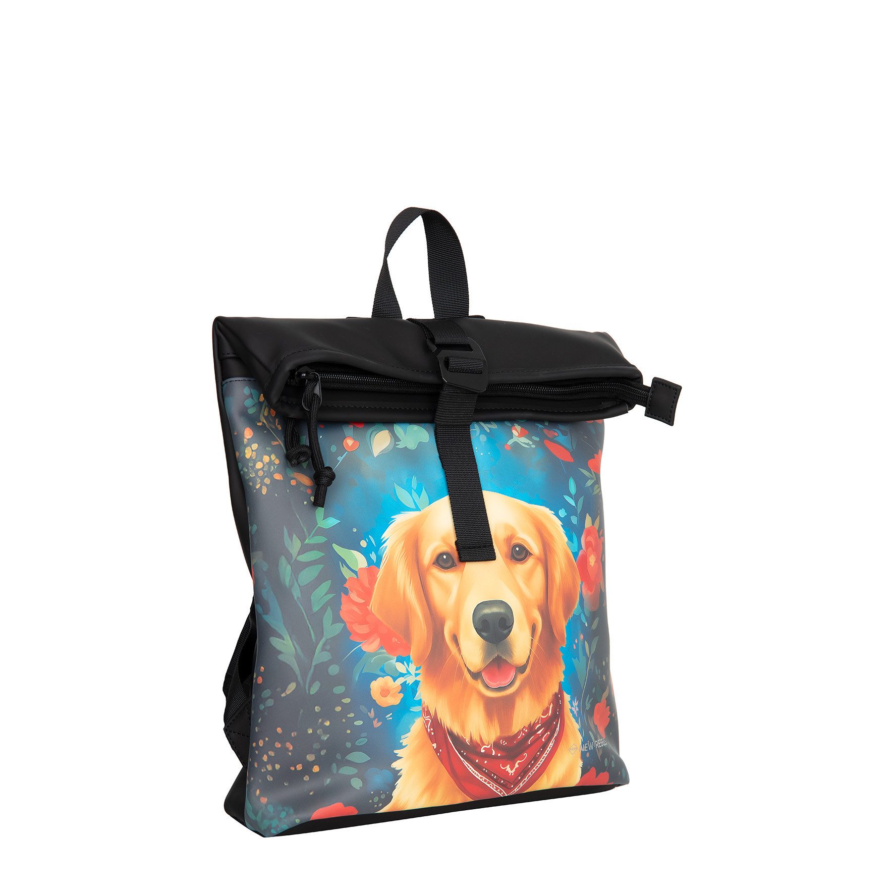 NEW REBELS Cityrucksack kleiner Roll Up RollTop Kurier Rucksack Los Angeles Golden Retriever, wasserabweisendes Material mit Golden Retriever Design