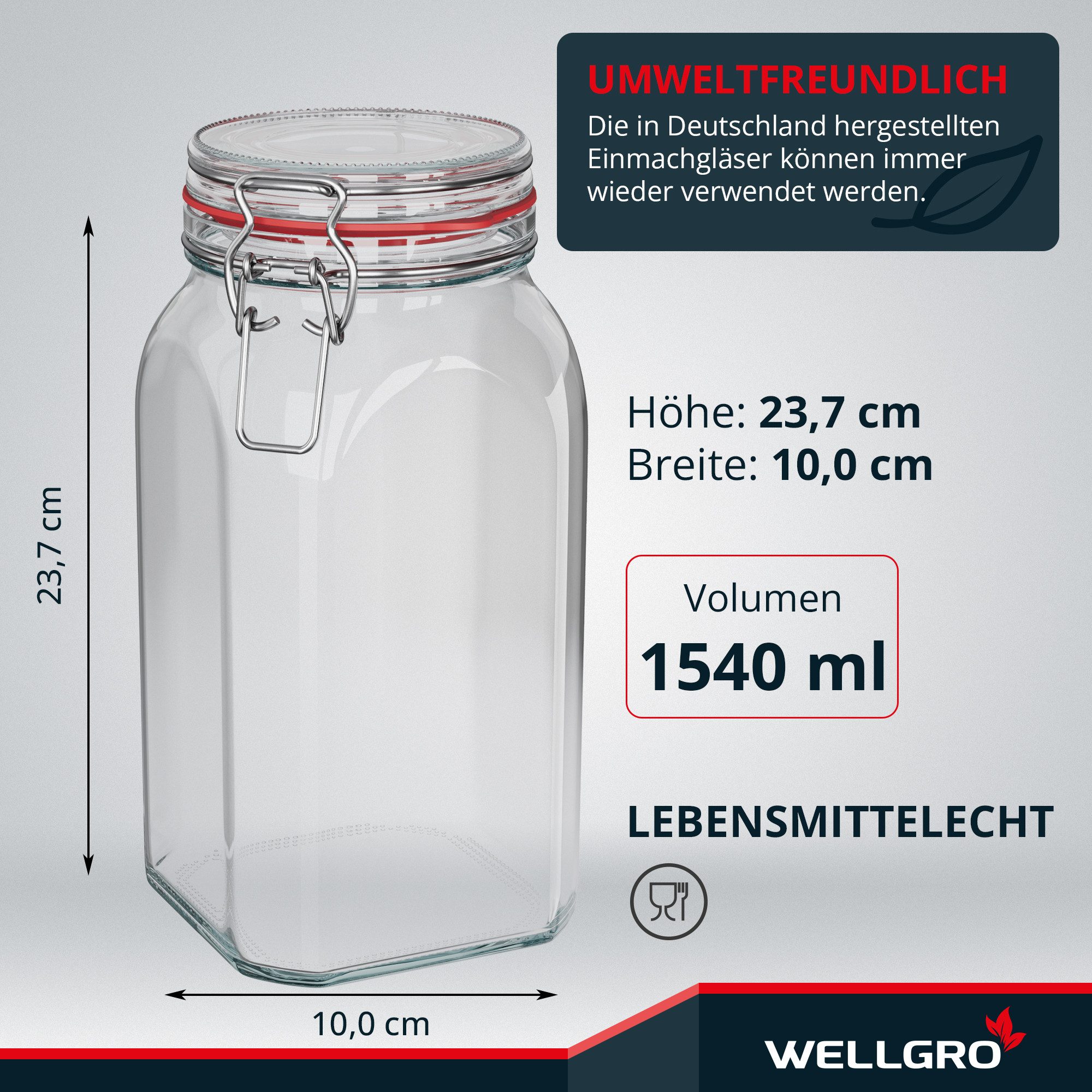 Wellgro Vorratsglas Einmachgläser mit Bügelverschluss eckig, Fermentierglas, (12-tlg)