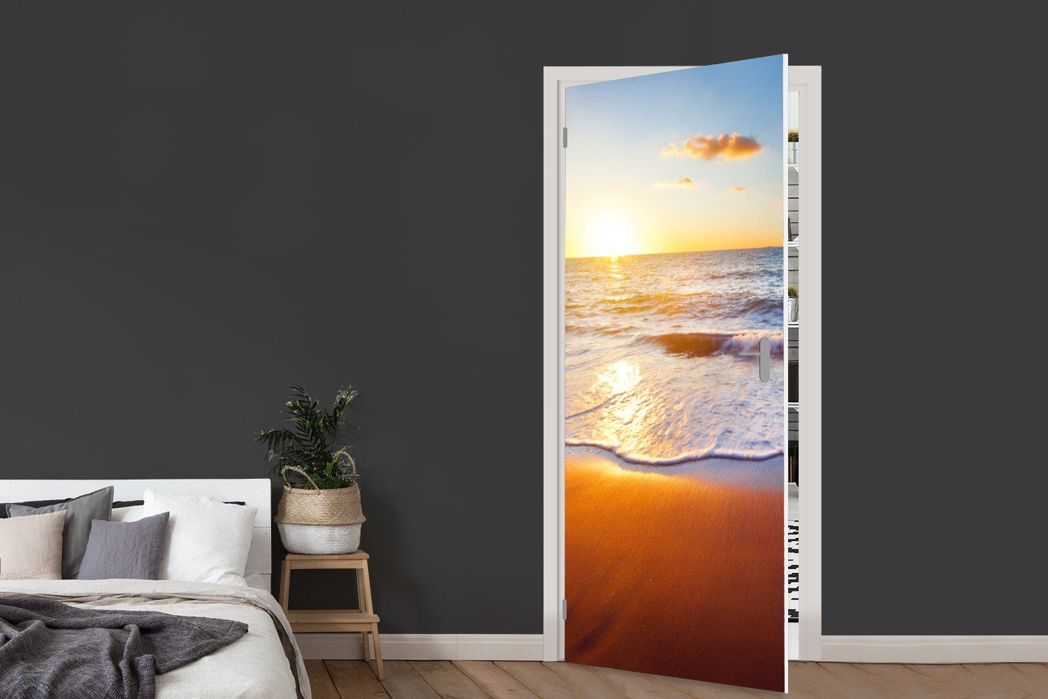 (1 Tür, Türtapete cm St), Türaufkleber, - Matt, Fototapete MuchoWow Meer - Sonne bedruckt, für 75x205 - Horizont, Strand