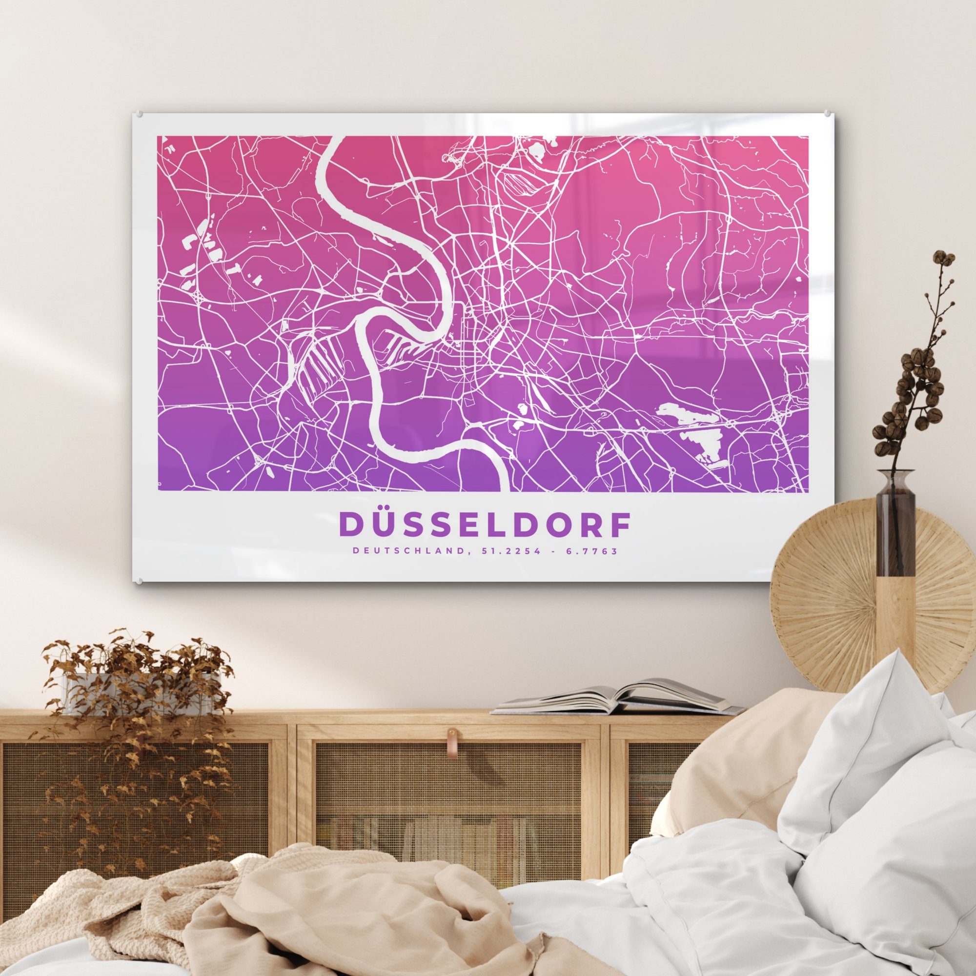 MuchoWow Acrylglasbild - Acrylglasbilder Dusseldorf Schlafzimmer - Wohnzimmer Stadtplan, & St), Deutschland (1