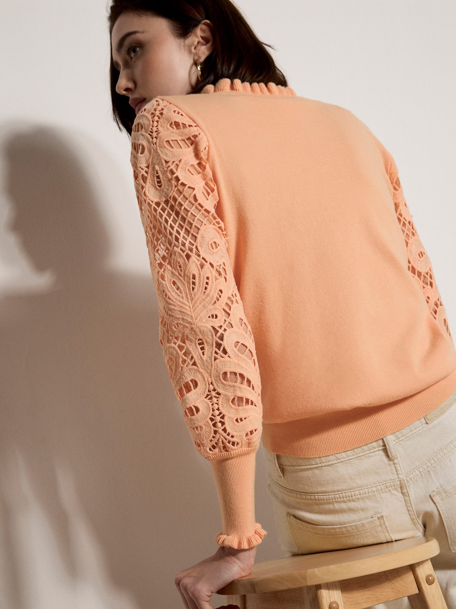 Apricot Rundhalspullover Mesh-Pullover aus Spitze