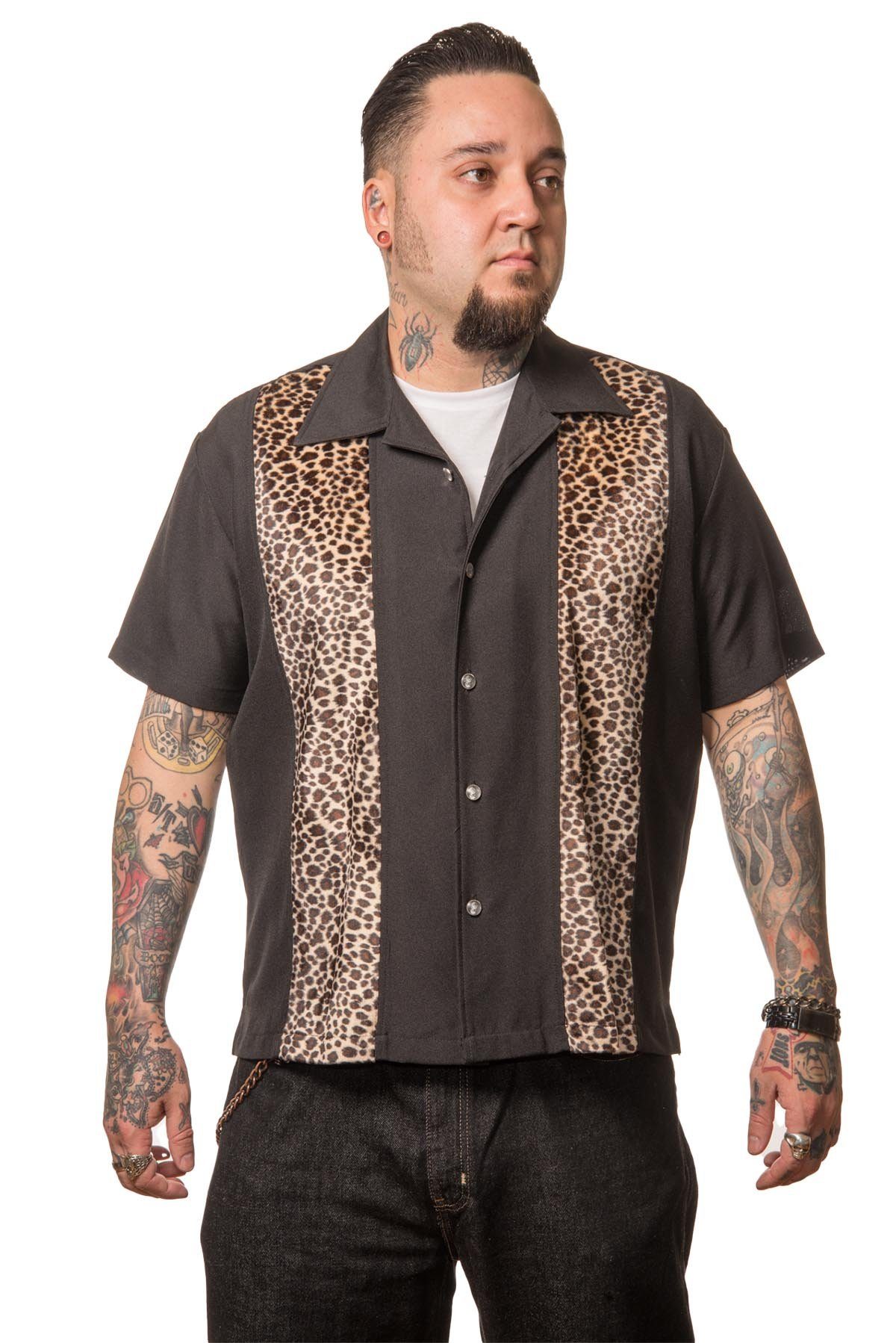 Steady Clothing Kurzarmhemd Leopard Muster Schwarz Retro Vintage Bowling Shirt Rockabilly