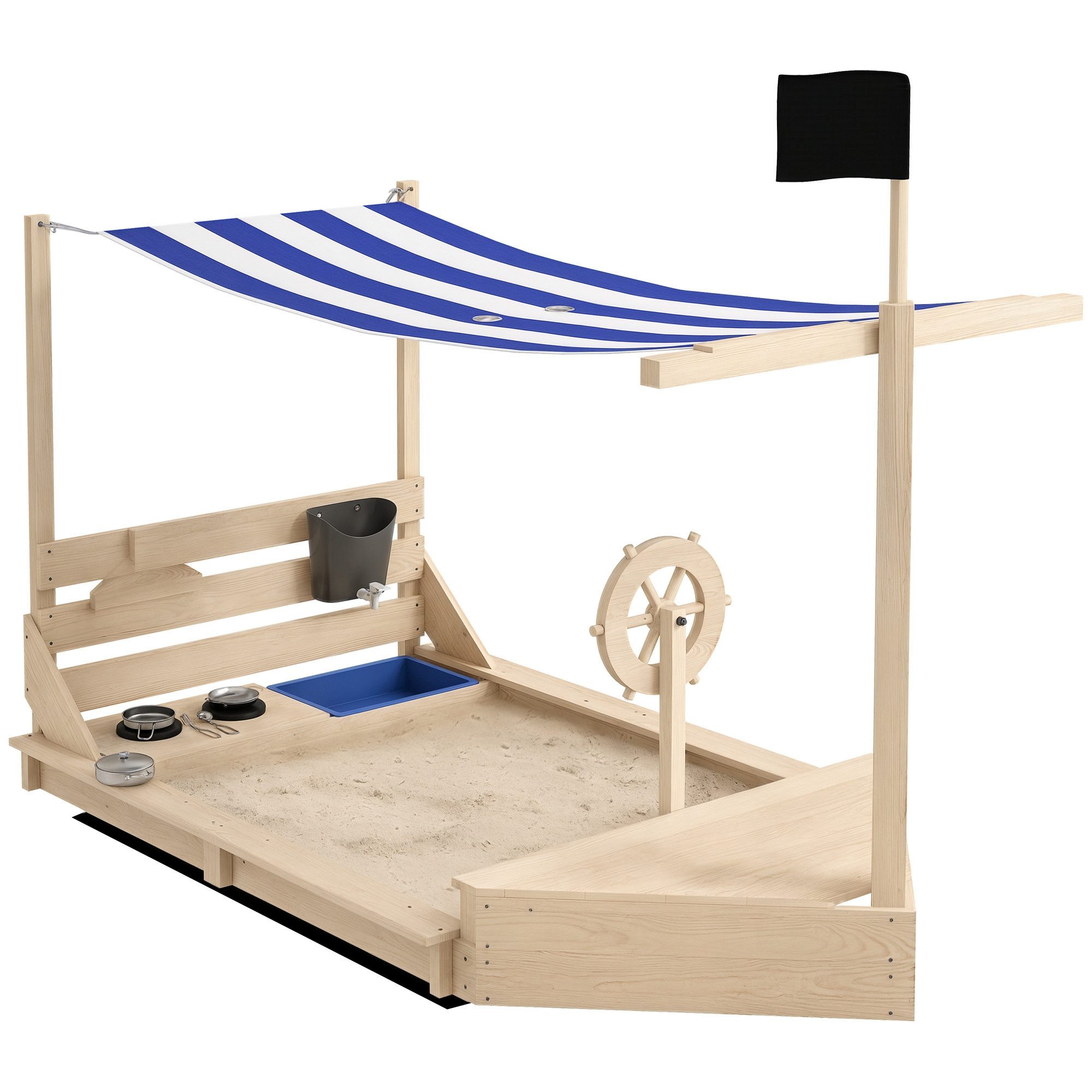 Outsunny Sandkasten Sandkiste groß mit Abdeckung im Schiff Design, (Matschekiste, 1-tlg., Segelschiff), für Kinder 3-7 Jahre Natur 180 x 103 x 144,5 cm