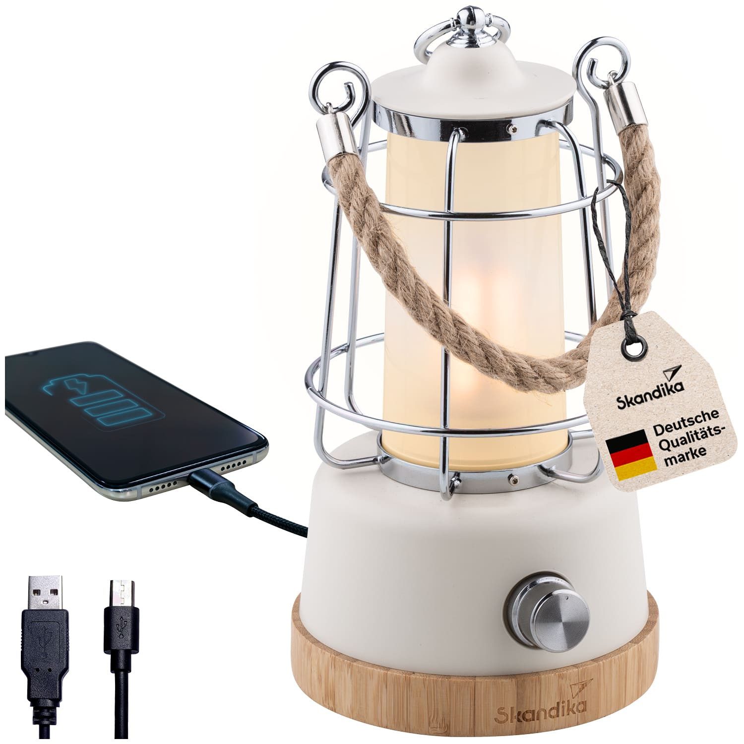 Skandika LED Gartenleuchte Campinglampe Kiruna aufladbar mit Powerbank 5000 mAh, USB, Retro Outdoor Lampe, stufenlos dimmbar, kabellos, 75h Leuchtzeit, Akku