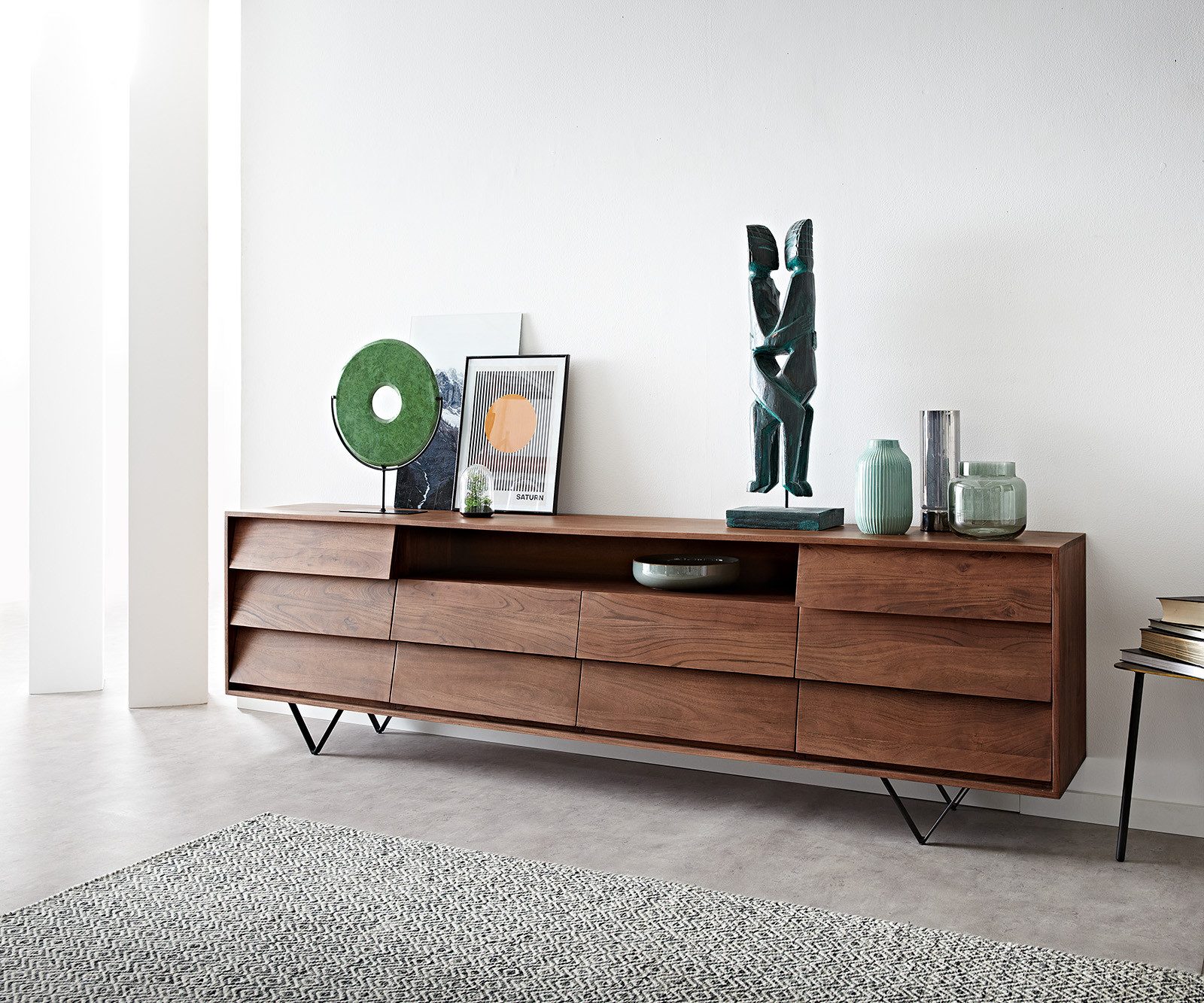 DELIFE Sideboard Eloi, Akazie Braun 240x40 cm 2 Türen 6 Schubladen V-Fuß Schwarz