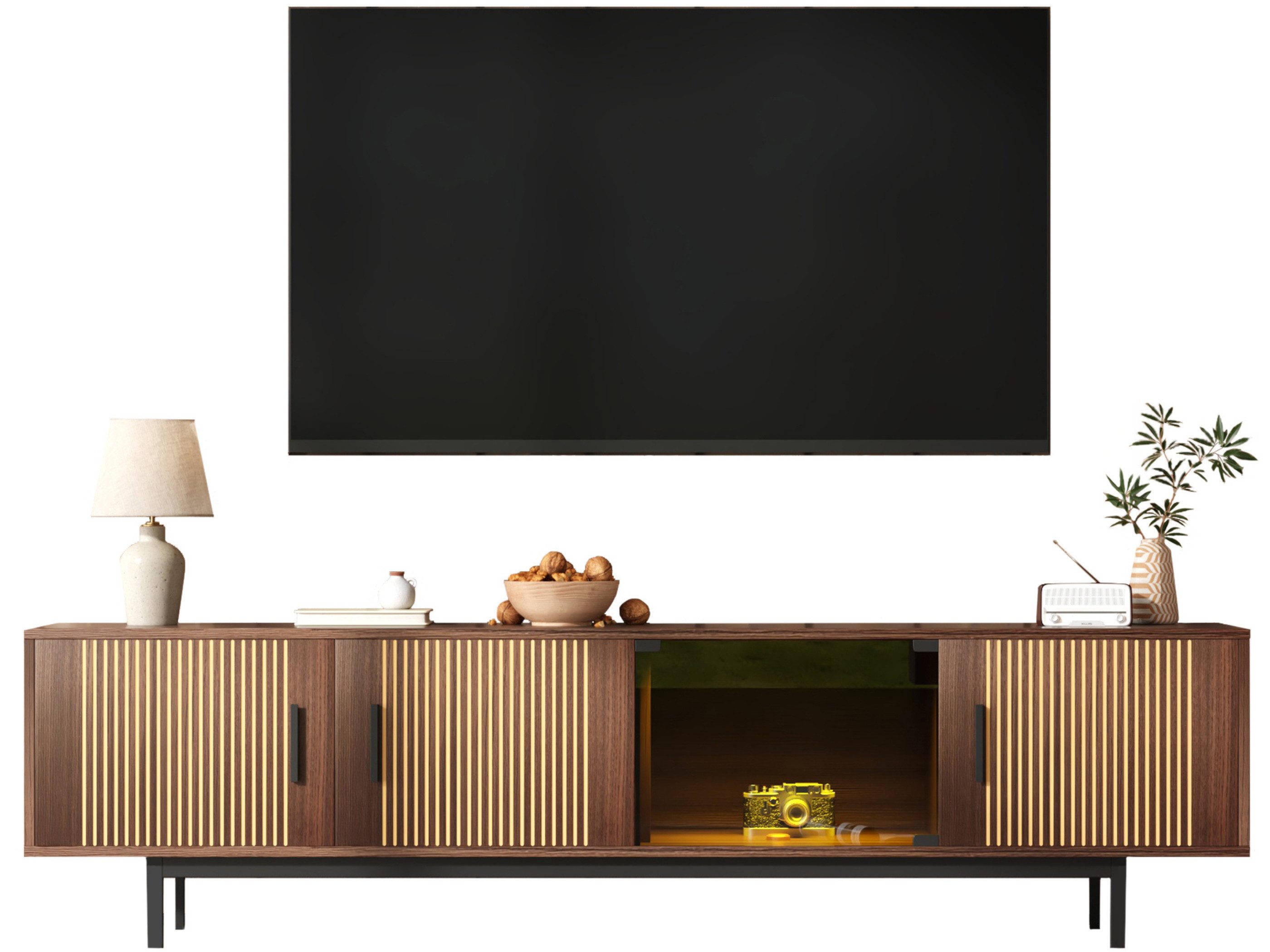 SeedWave Lowboard Stilvoller TV Schrank LED Fernsehschrank mit 4 geschlossenen Fächern, Mit einstellbarem Lichtstreif und vestellbarem Mittelfuß