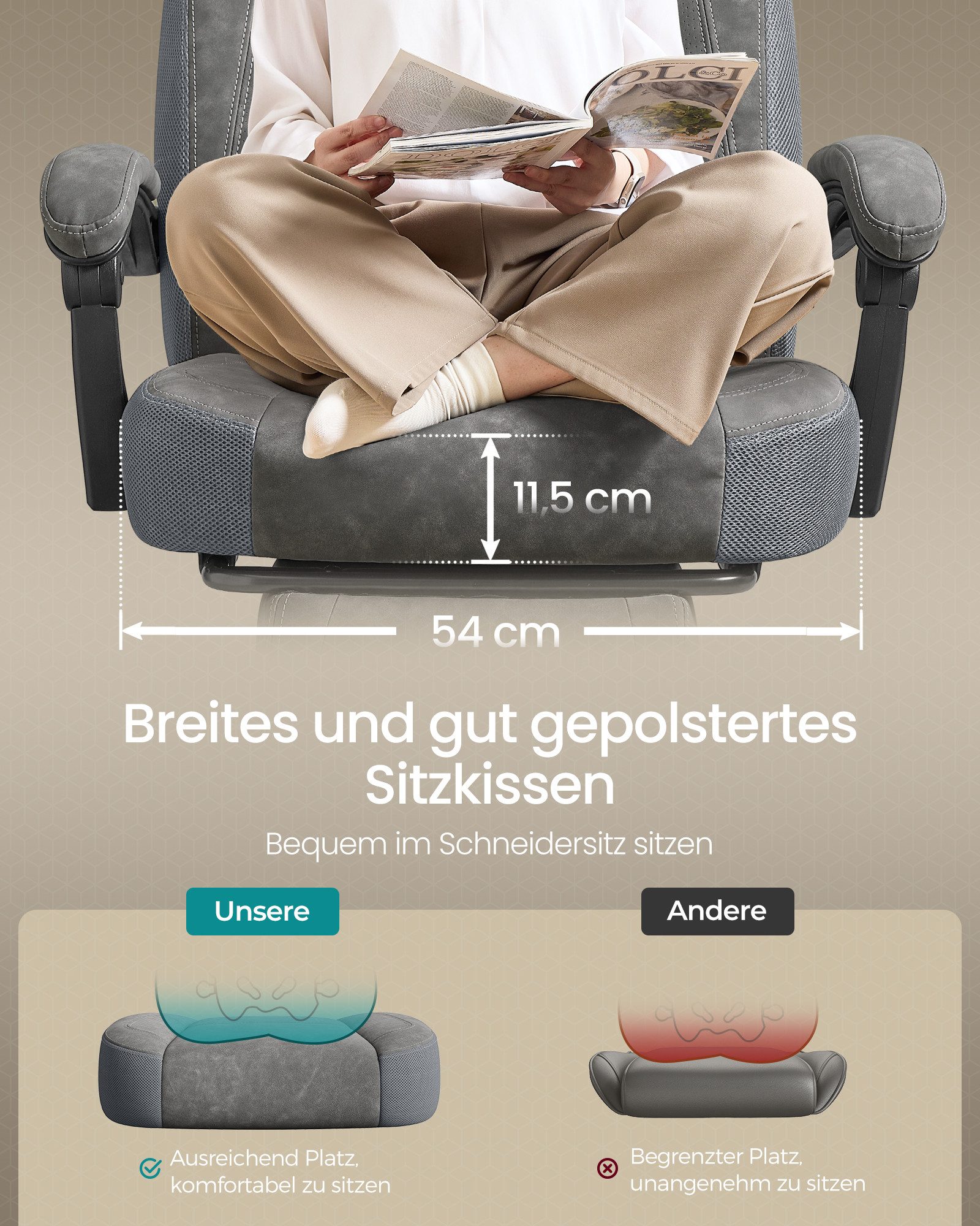 SONGMICS Bürostuhl Gaming-Stuhl, Computerstuhl ergonomischer, bis 150 kg belastbar, mit ausziehbarer Fußstütze, verstellbarem Kopfkissen und Lendenkissen – Bild 4 von 5