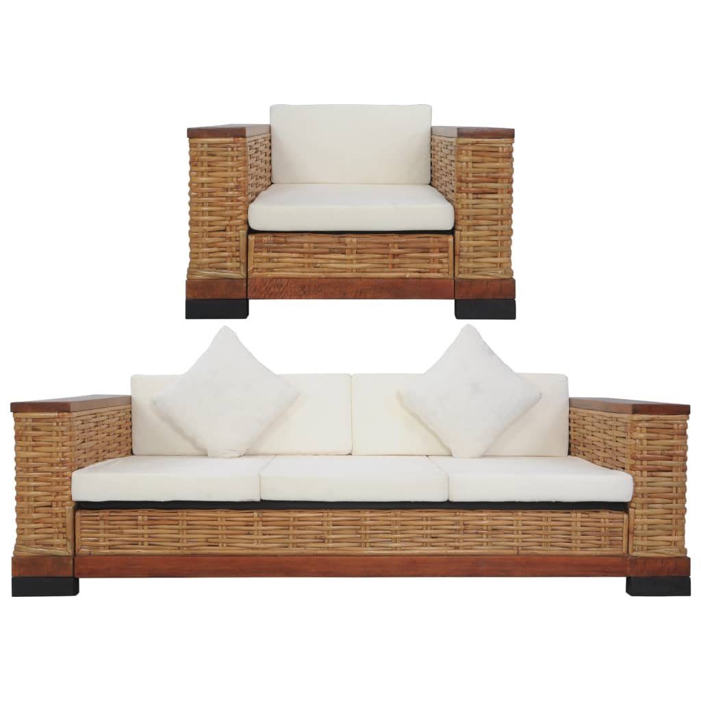 furnicato Sofa 2-tlg. Sofagarnitur mit Auflagen Braun Natur Rattan