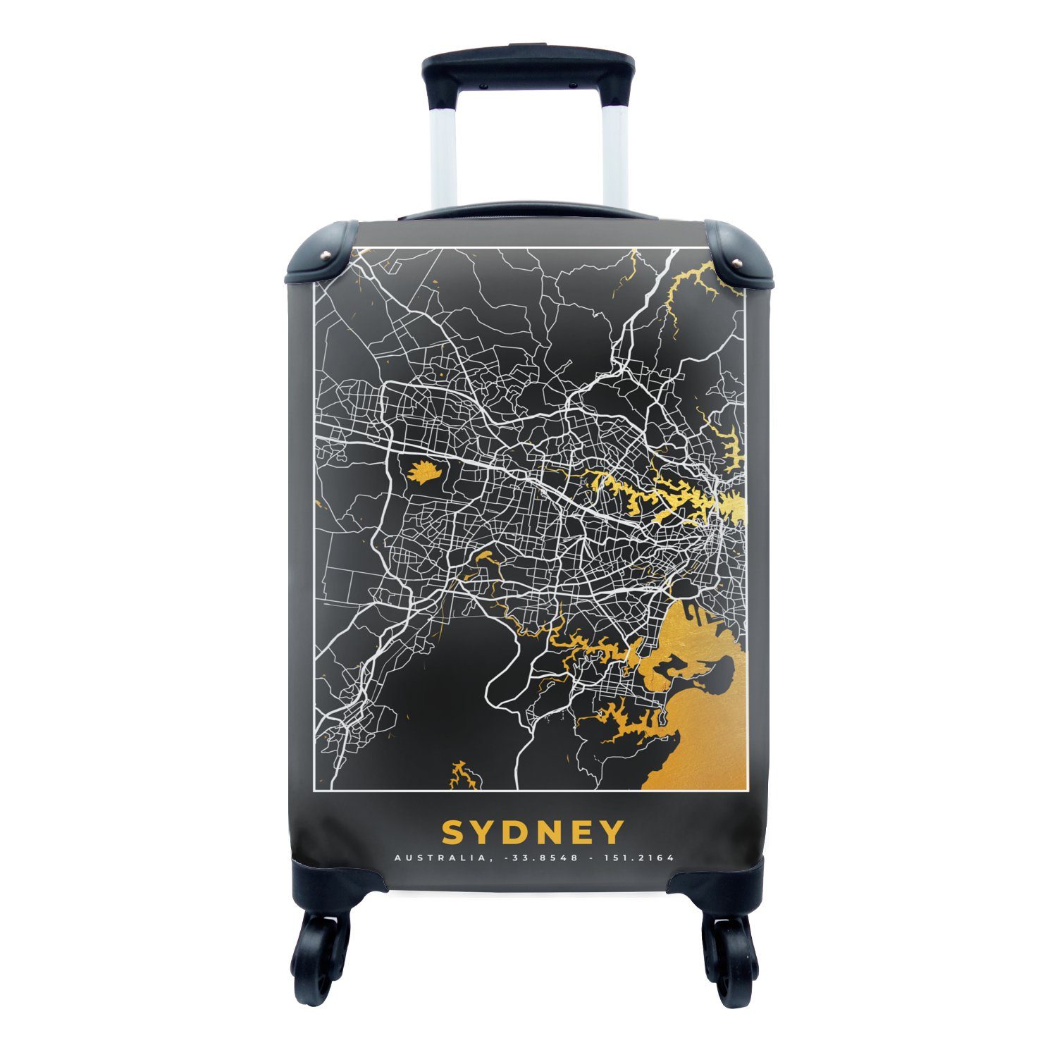 MuchoWow Handgepäckkoffer Sydney - Stadtplan - Gold - Karte, 4 Rollen, Reisetasche mit rollen, Handgepäck für Ferien, Trolley, Reisekoffer