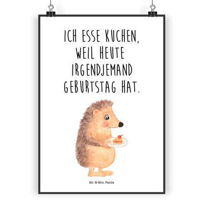 Mr. & Mrs. Panda Poster DIN A4 Igel mit Kuchenstück - Weiß - Geschenk, Torte, Kuchen backen, Igel mit Kuchenstück (1 St)