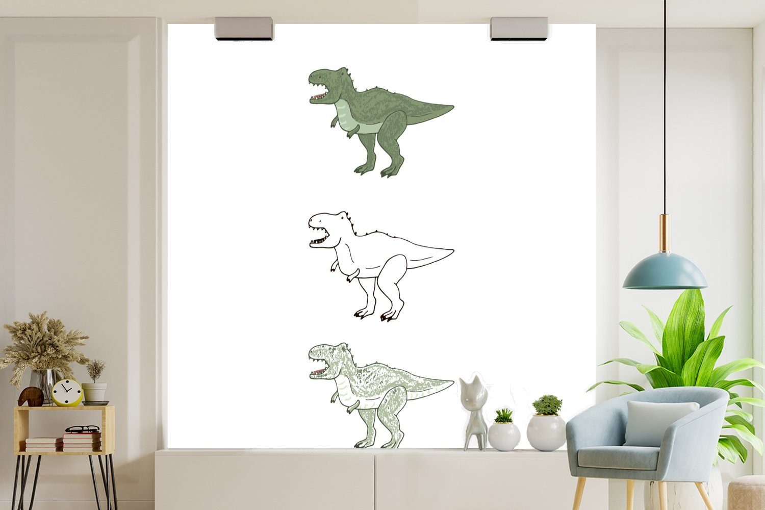 Tapete Dinosaurier Junge Kinderzimmer Fototapete - Vinyl für bedruckt, Wandtapete Schlafzimmer, - Farben Matt, oder MuchoWow - (5 - - Kinder, St), Mädchen Wohnzimmer