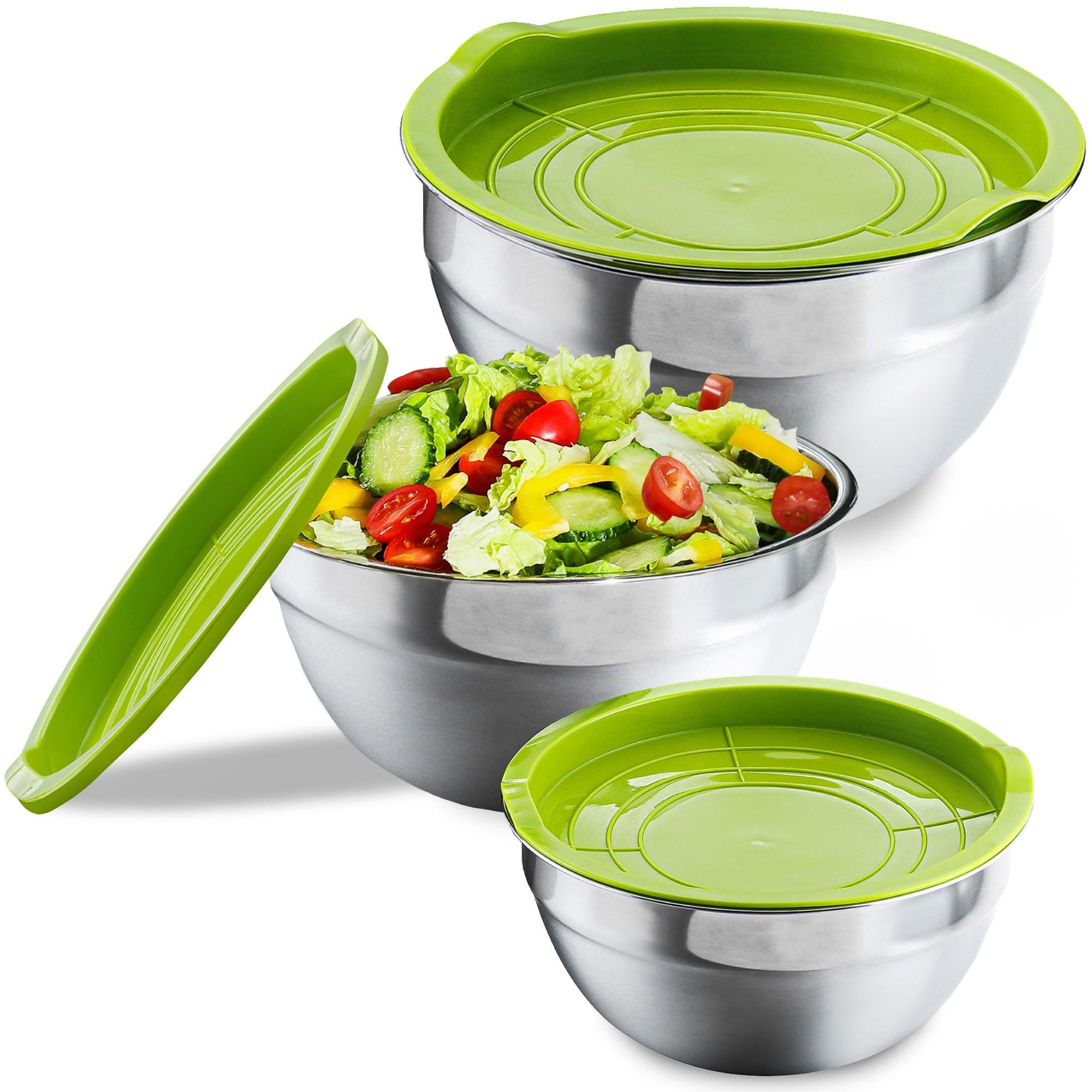 Praknu Salatschüssel 3er Set Salatschüssel mit - Luftdicht aus Edelstahl, (Set, 3-tlg), Rührschüssel Grün Deckel - Edelstahl, Platzsparend