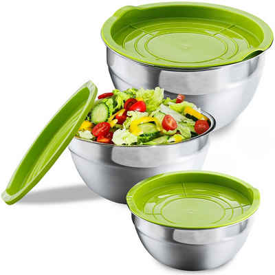 Praknu Salatschüssel 3er Set Salatschüssel Grün mit Deckel aus Edelstahl, Edelstahl, (Set, 3-tlg), Luftdicht - Platzsparend - Rührschüssel