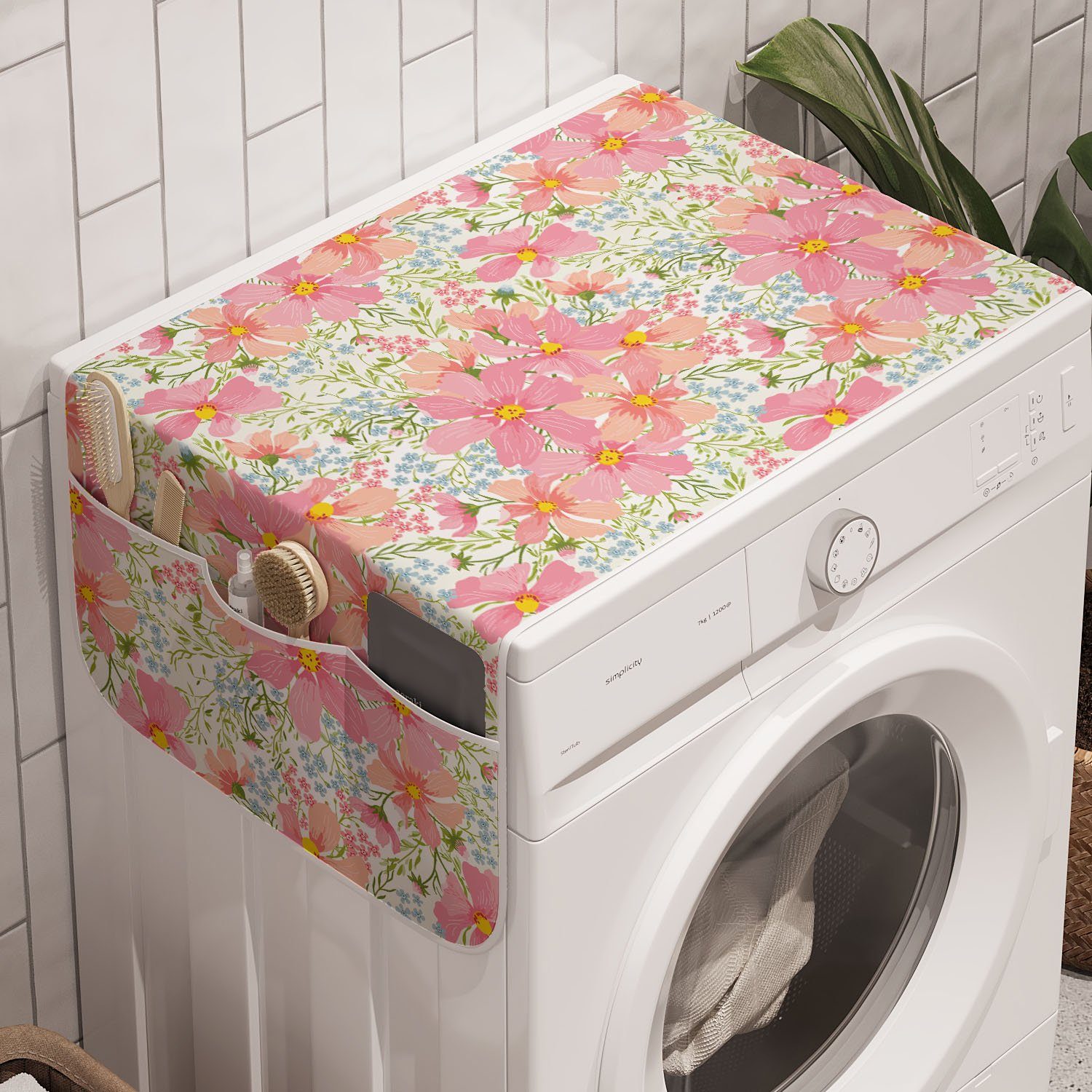 Abakuhaus Badorganizer Anti-Rutsch-Stoffabdeckung für Waschmaschine und Trockner, Pastell Frühlings-Blumen und Kräuter