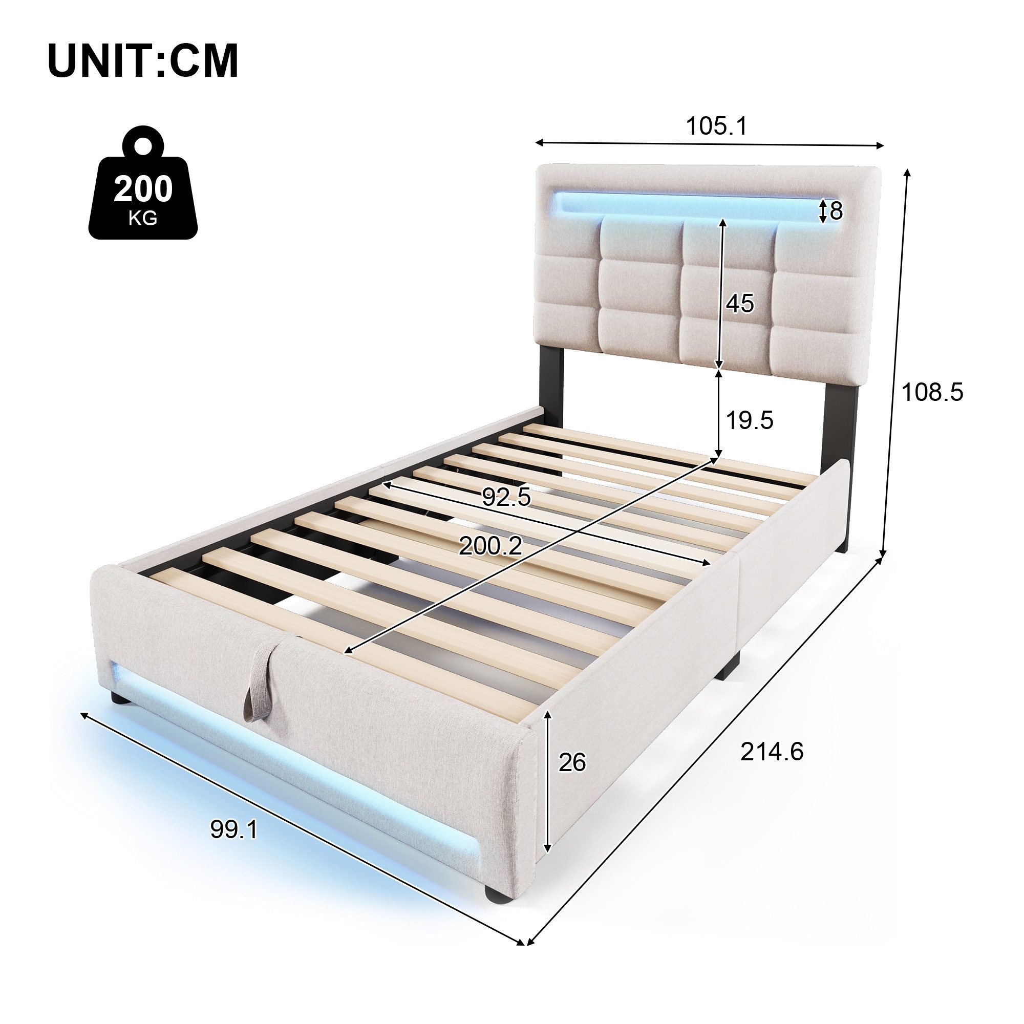 HAUSS SPOLE Polsterbett 90x200cm mit LED-Leuchten, USB-Buchse, Hydraulische günstig online kaufen
