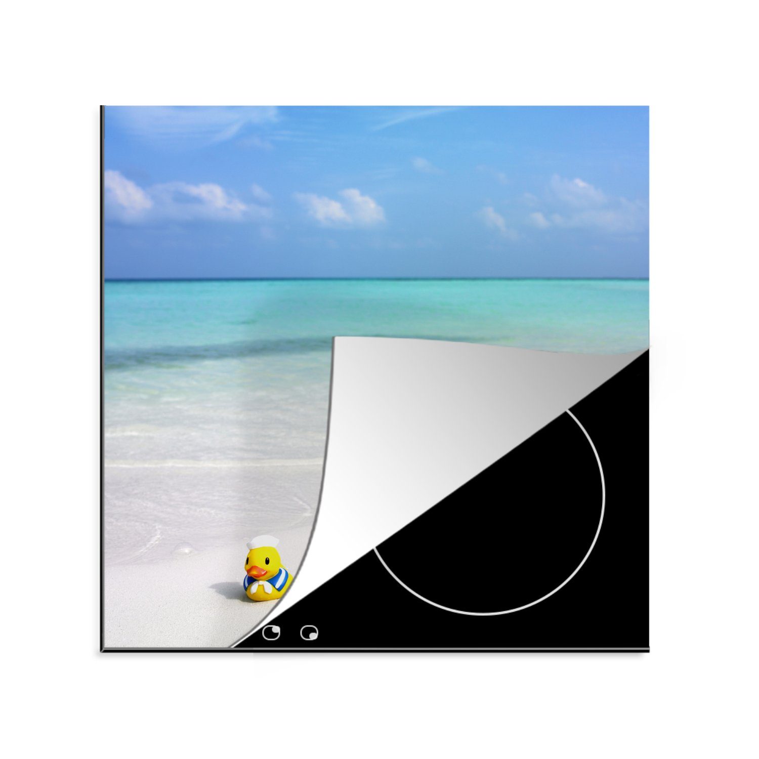 MuchoWow Herdblende-/Abdeckplatte Gummi-Ente - Sand - Strand, Vinyl, (1 tlg), 78x78 cm, Ceranfeldabdeckung, Arbeitsplatte für küche