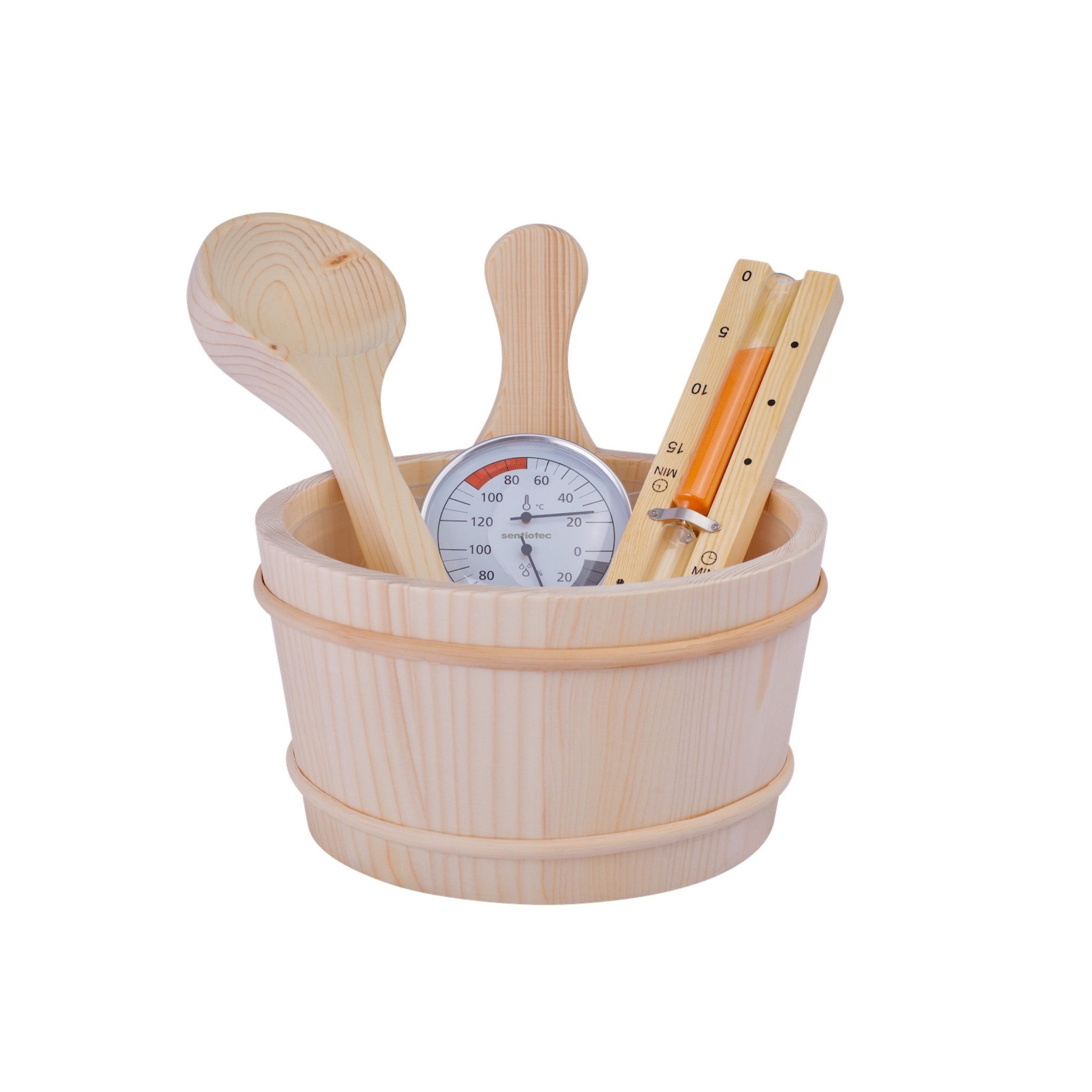 HARVIA Aufgusskübel Harvia Saunazubehör Set BASIC 5-teilig Saunakübel Holzkelle Sanduhr