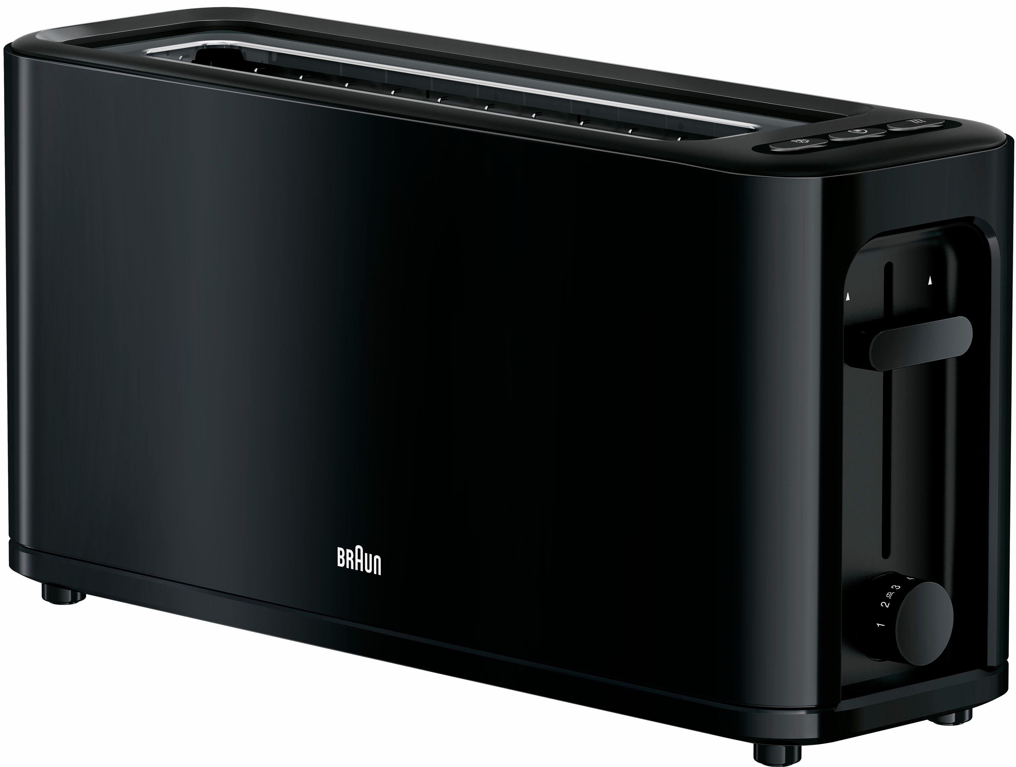 Braun Toaster PurEase HT 3110 BK - 1 Langschlitz, 7 Stufen, Auftau- Aufwärmfunktion, 1 langer Schlitz, für 2 Scheiben, 1000 W, 1.000 W, Kunststoff, Automatische Abschaltung, Brötchenaufsatz