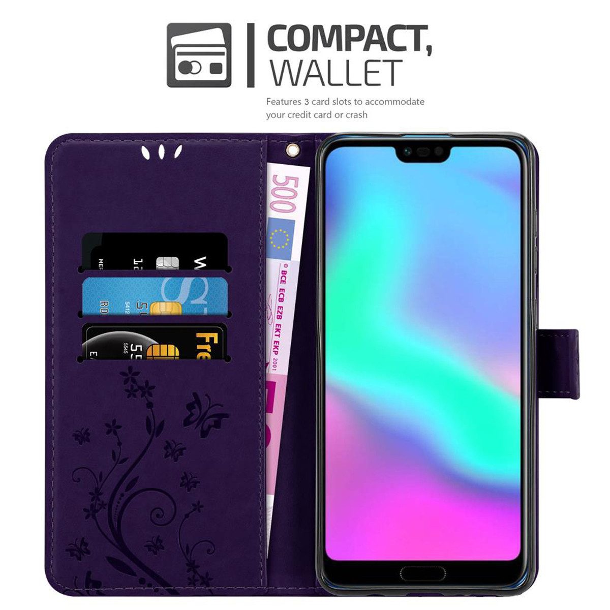 Cadorabo Handyhülle für Honor 10 Hülle Honor 10, Hülle Schutzhülle Blumen Flower mit Standfunktion Kartenfach Magnet