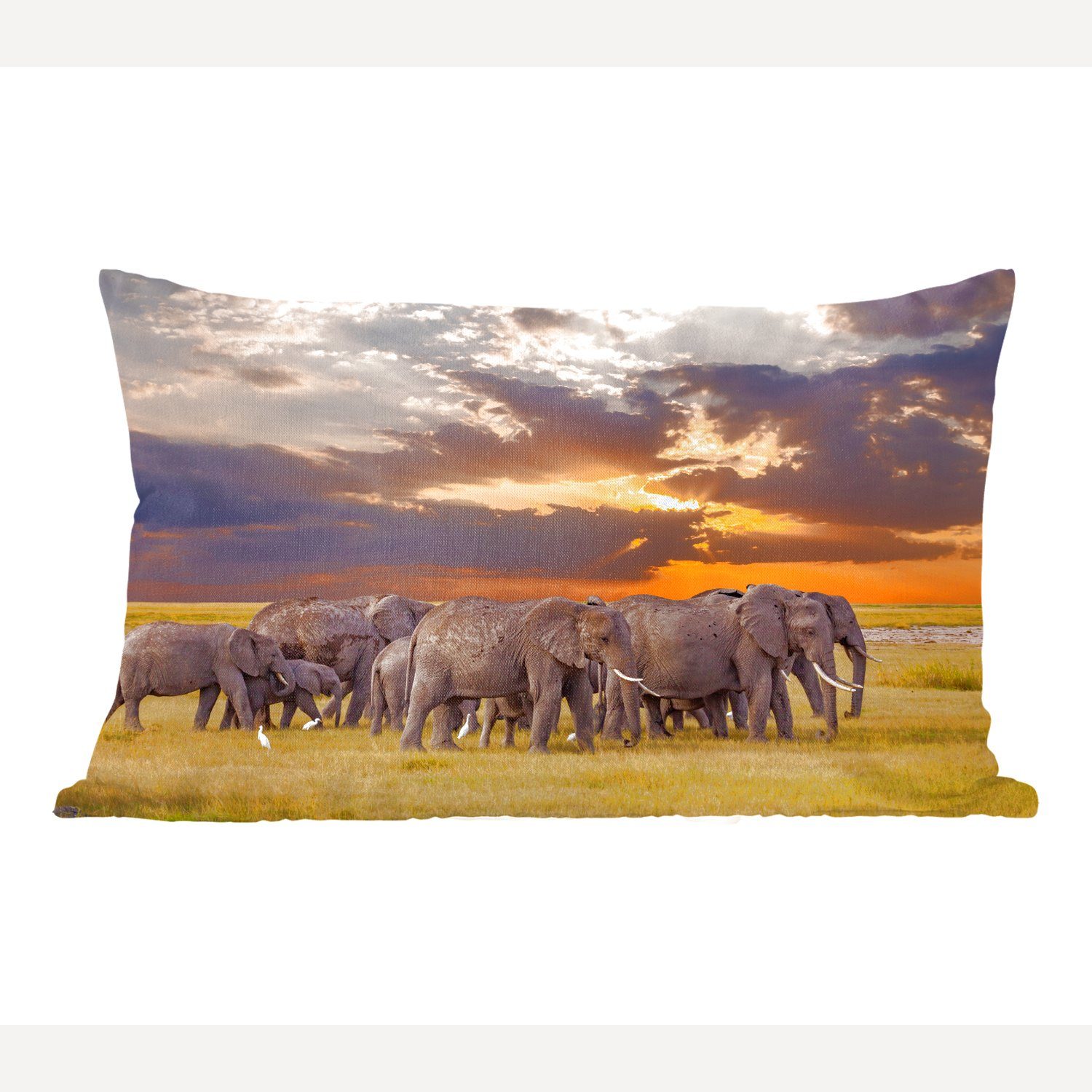MuchoWow Dekokissen Elefant - Tiere - Gras - Sonnenuntergang - Natur, Wohzimmer Dekoration, Zierkissen, Dekokissen mit Füllung, Schlafzimmer