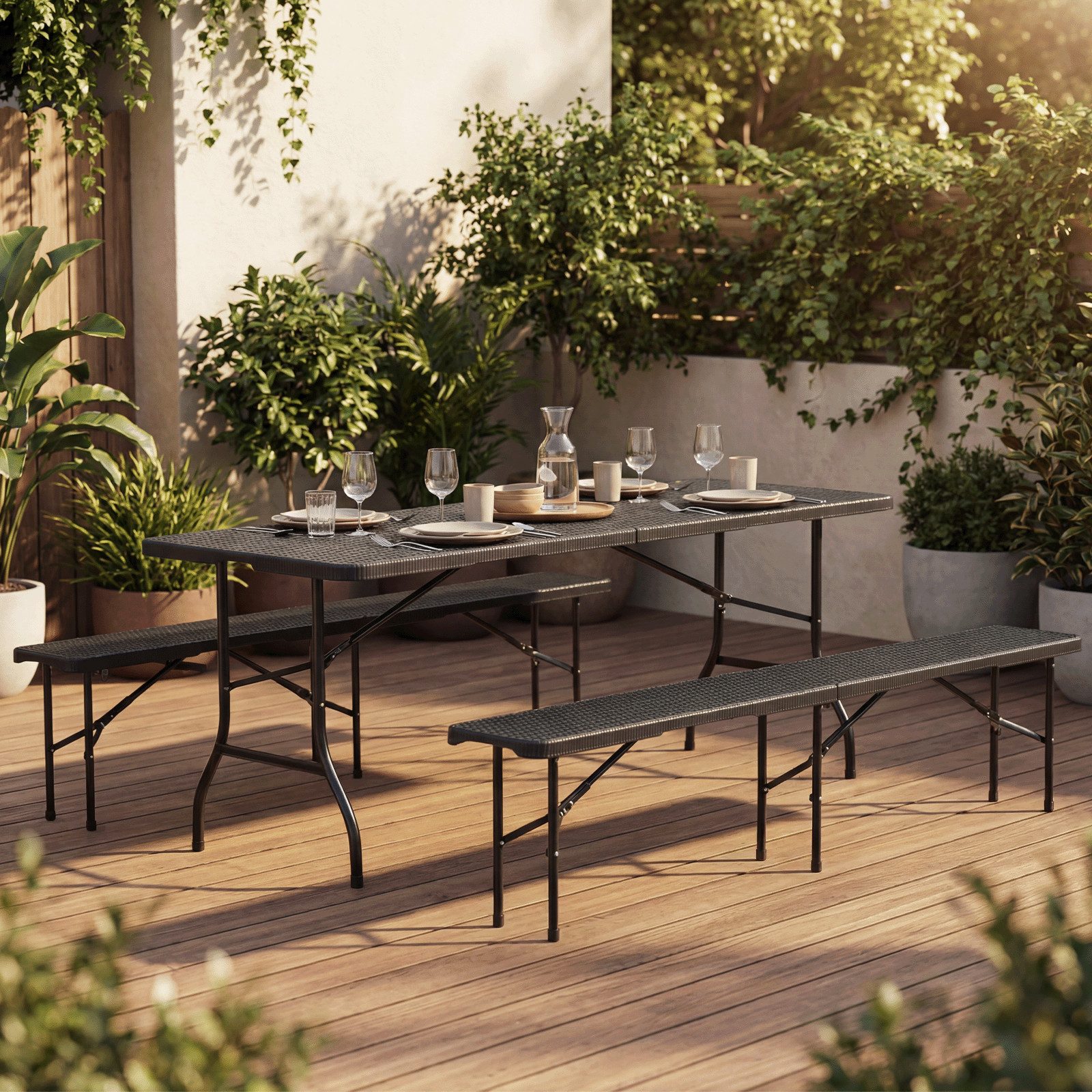 GUNJI Bierzeltgarnitur klappbar Festzeltgarnitur Gartenmöbel set 3-teiliges Set, (1 Biertisch & 2 Bierbank), Klappbares Gartenmöbel Set Rattan-Optik, 150kg Tragfähigkeit