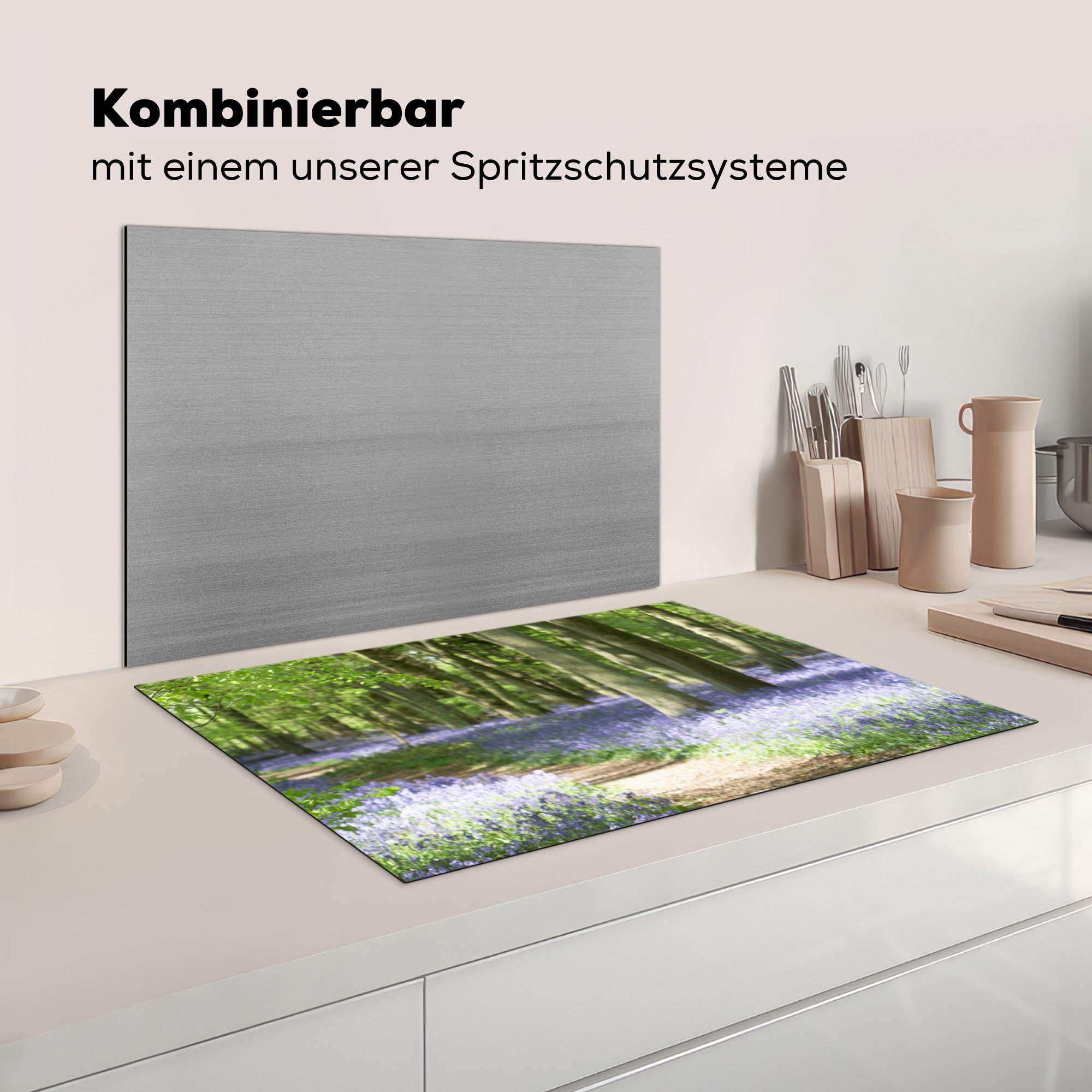 Lila Herdblende-/Abdeckplatte Natur, für - tlg), - - - Blumen - MuchoWow Wald küche Grün Weg Vinyl, Ceranfeldabdeckung, Arbeitsplatte 77x51 (1 cm,