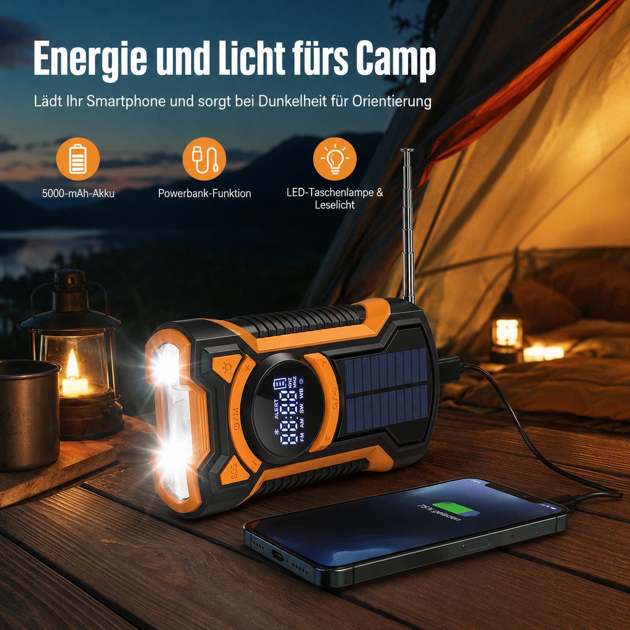 Tekoo Notfallradio 5000mAh mit Solar, Kurbel, LED, Bluetooth, IPX5 Notfallradio (Sendersuchlauf, FM, AM, 3 Lademethoden (Solar, Kurbel, USB), IPX5 Wasserfest, Bluetooth 5.3)