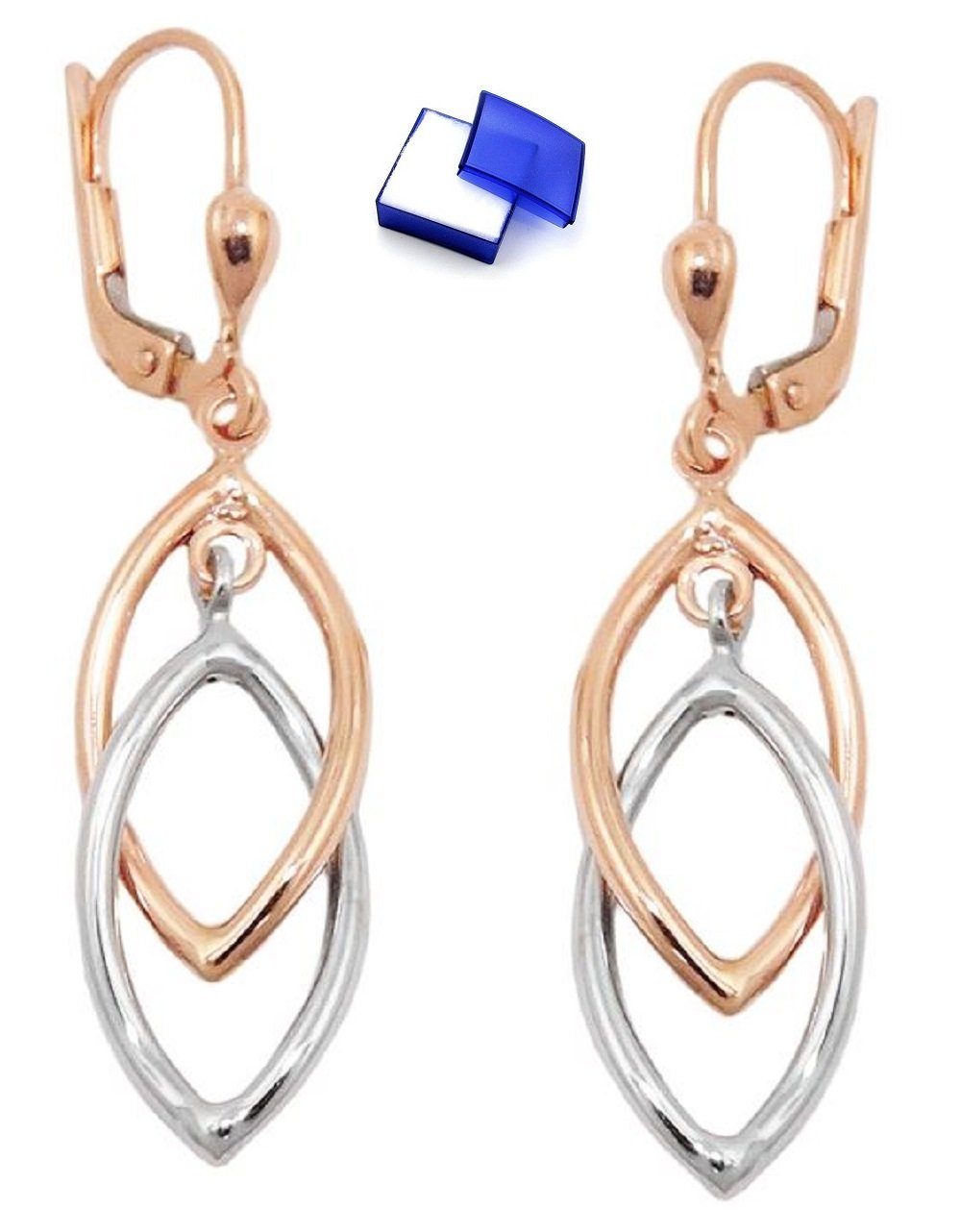 unbespielt Paar Ohrhänger Ohrringe Bicolor-Effekt ovalförmig 375 Gold 43 x 10 mm kl. Schmuckbox, Goldschmuck für Damen