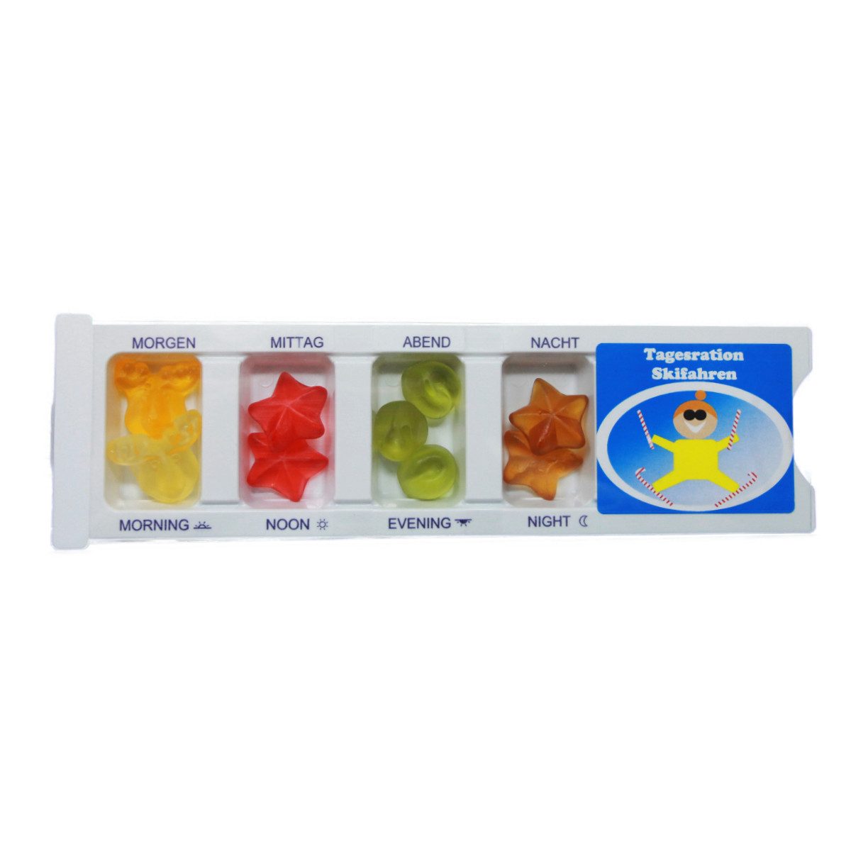 Fruchtgummi Bären & Co. Süßigkeit, Tablettenbox Skifahren gefüllt mit Fruchtgummi Scherzartikel 25g