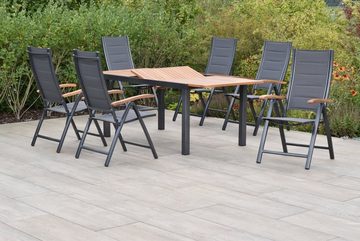 MERXX Garten-Essgruppe Paxos, (Set 7-teilig, Tisch, 6 Klappsessel, Aluminium mit Textilbespannung und Akazienholz), in Sitz und Rücken gepadded, Armlehnen mit Akazienholz