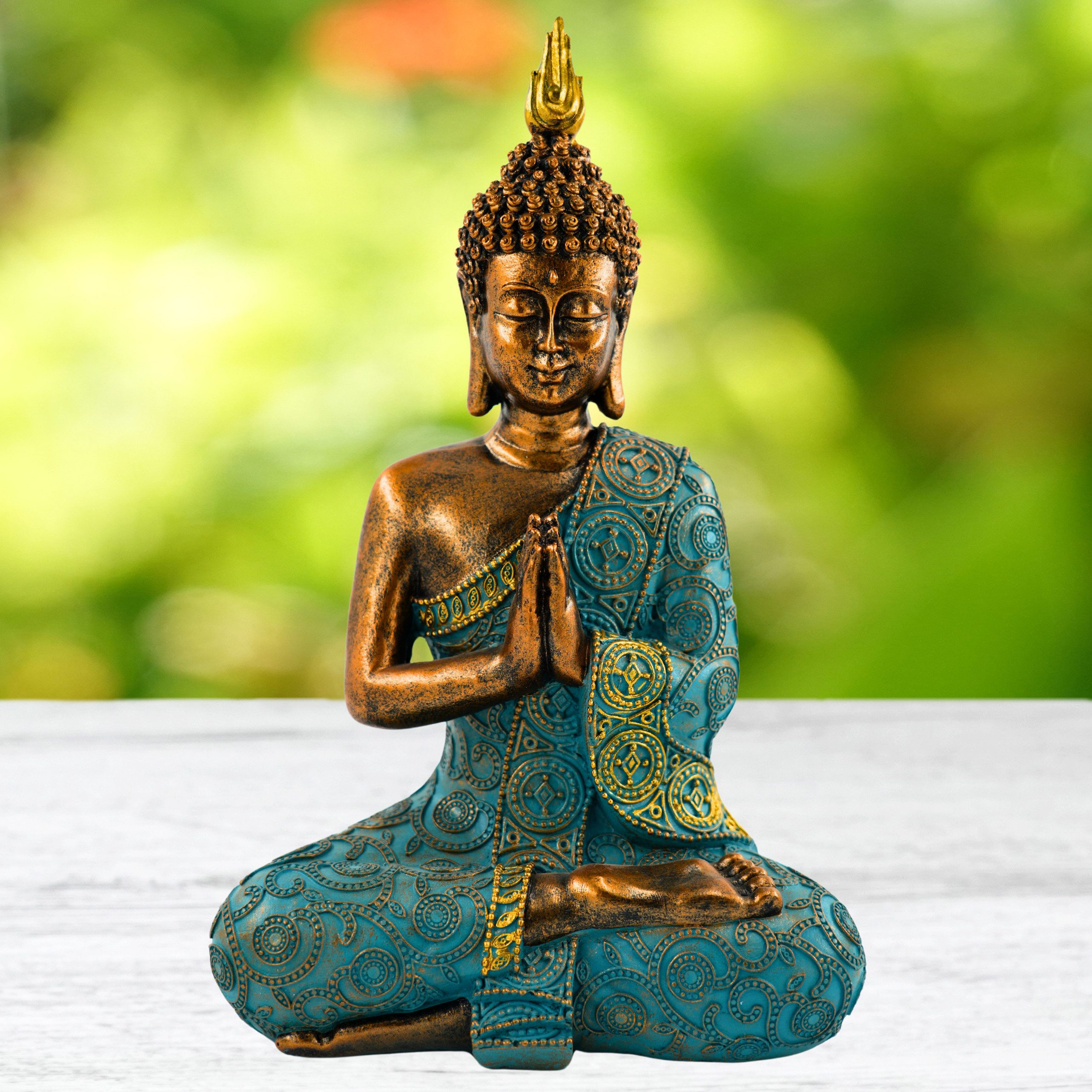 MF Buddhafigur Dhyana Mudra Shanti Buddha in Mint Grün Gold Dekorative Figur, 30 cm