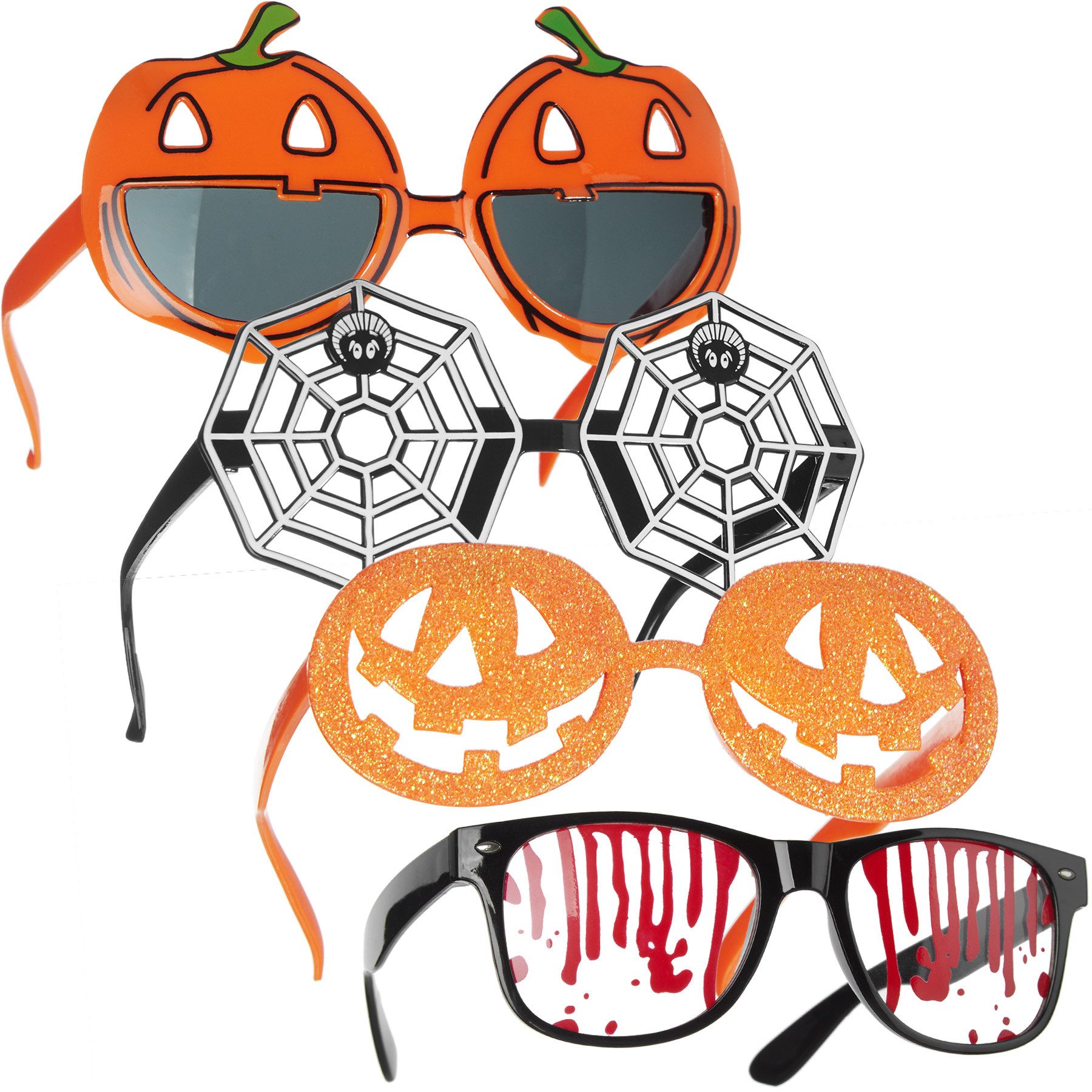dressforfun Kostüm 4er-Set Party-/Halloweenbrillen, schwarz/orange, für Groß und Klein, 4 Designs: Kürbis, Glitzer, Spinnennetz und Blutoptik, aus Kunststoff