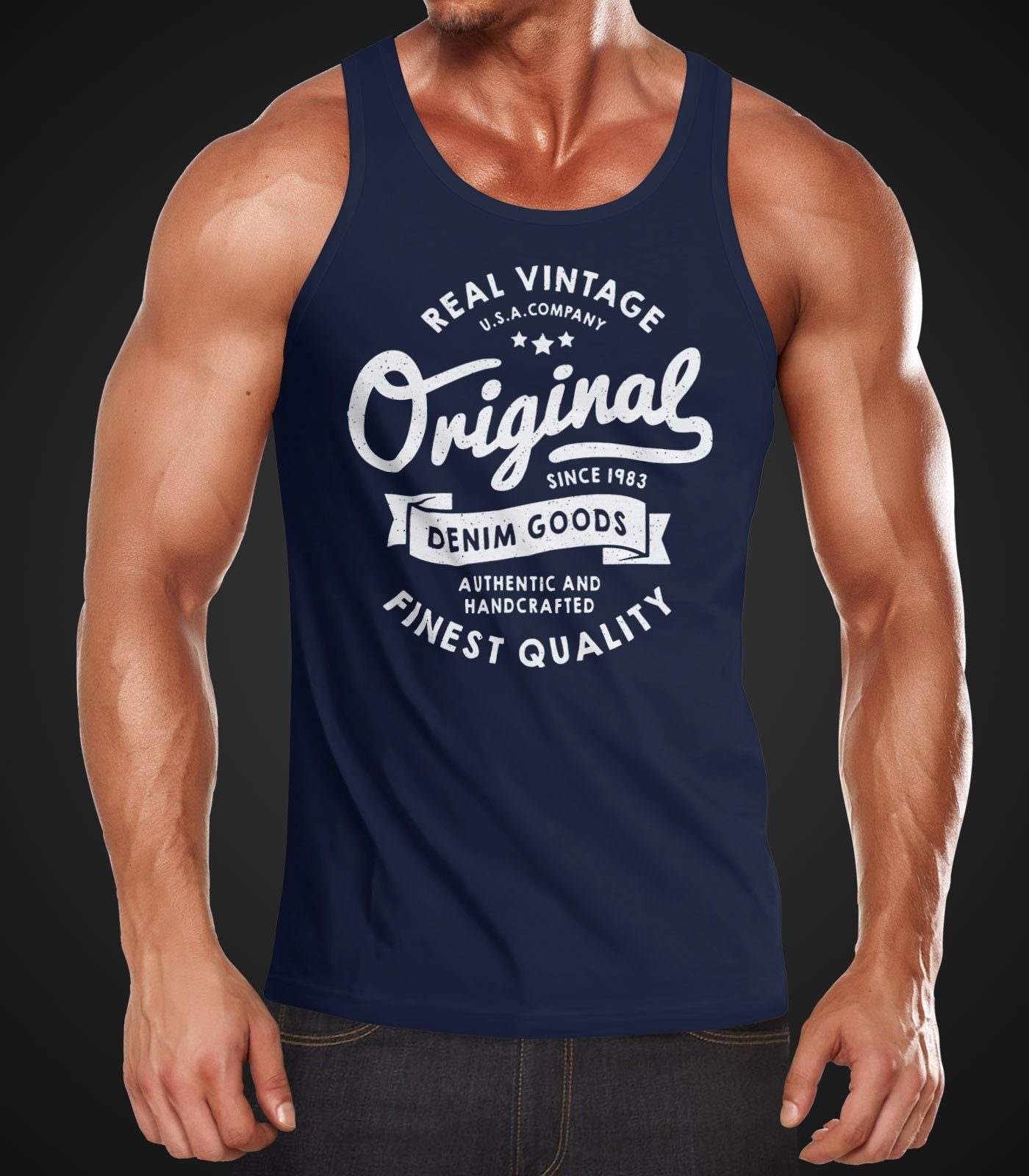 Neverless Tanktop Herren Tank-Top Original Denim Goods Vintage Druck Muskelshirt Muscle mit Print – Bild 2 von 2