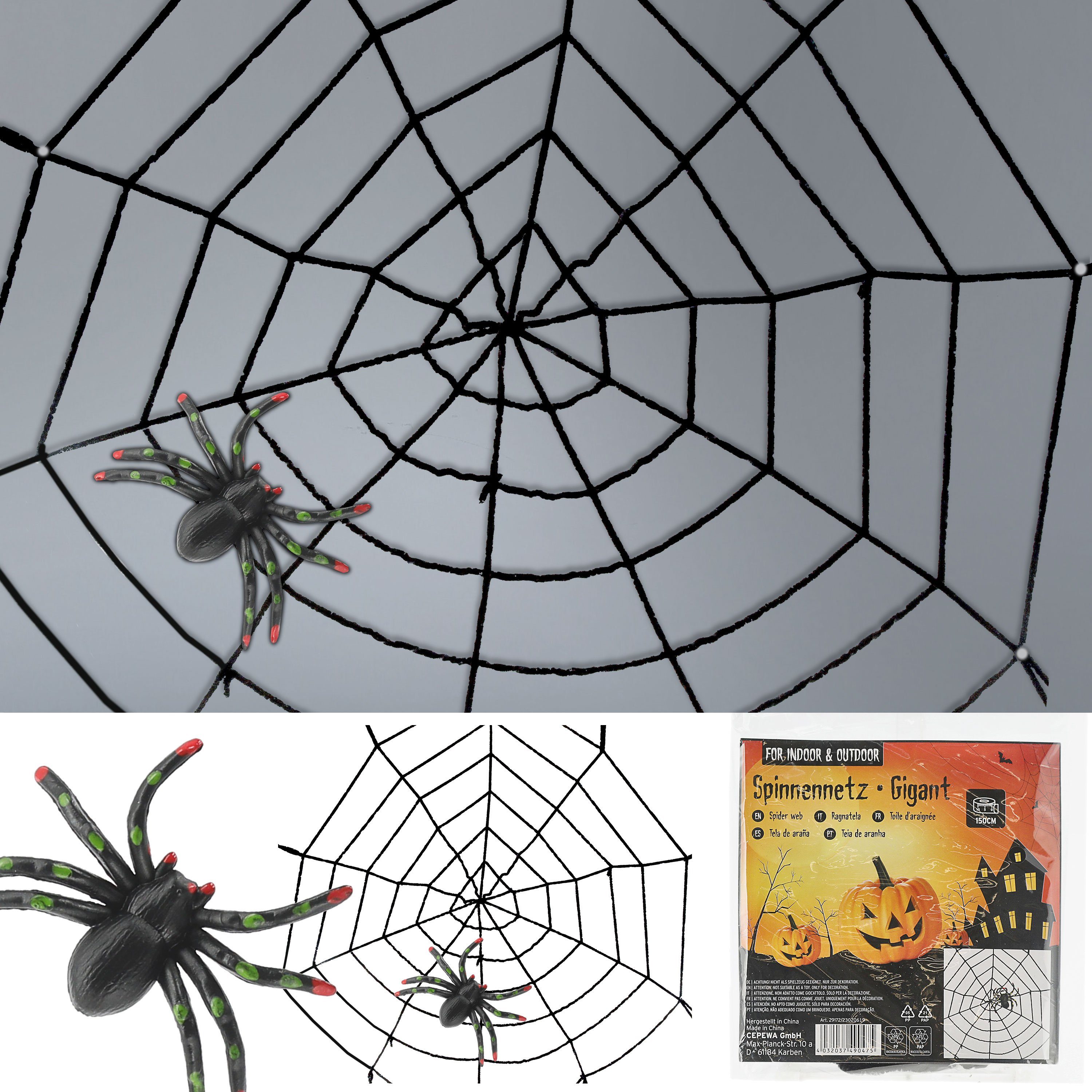 CEPEWA Dekofigur Halloween Spinnennetz 150x150x2cm Nylon-Netz Spinne Party