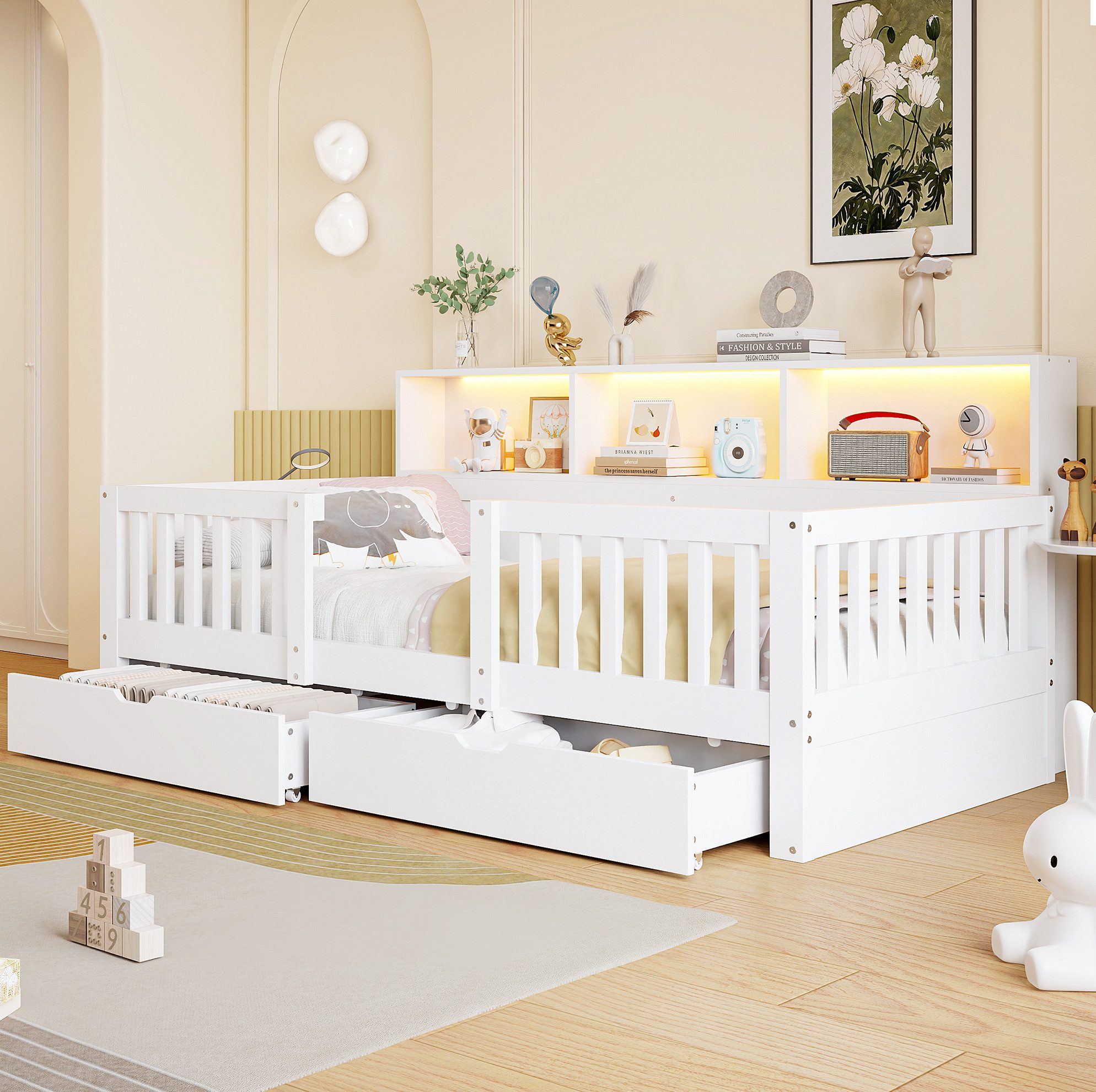 MODFU Kinderbett Jugendbett mit hoher Rückenlehne, Stauraumbett (90x200 cm, integrierter LED-Beleuchtung, Schubladen und Regalfächern), Kinderbett Holzbett, ohne Matratze