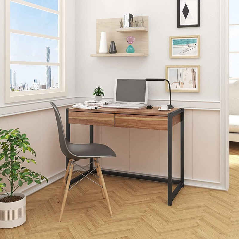 Woltu Schreibtisch, Schreibtisch Computertisch mit 2 Schubladen Holz Stahl