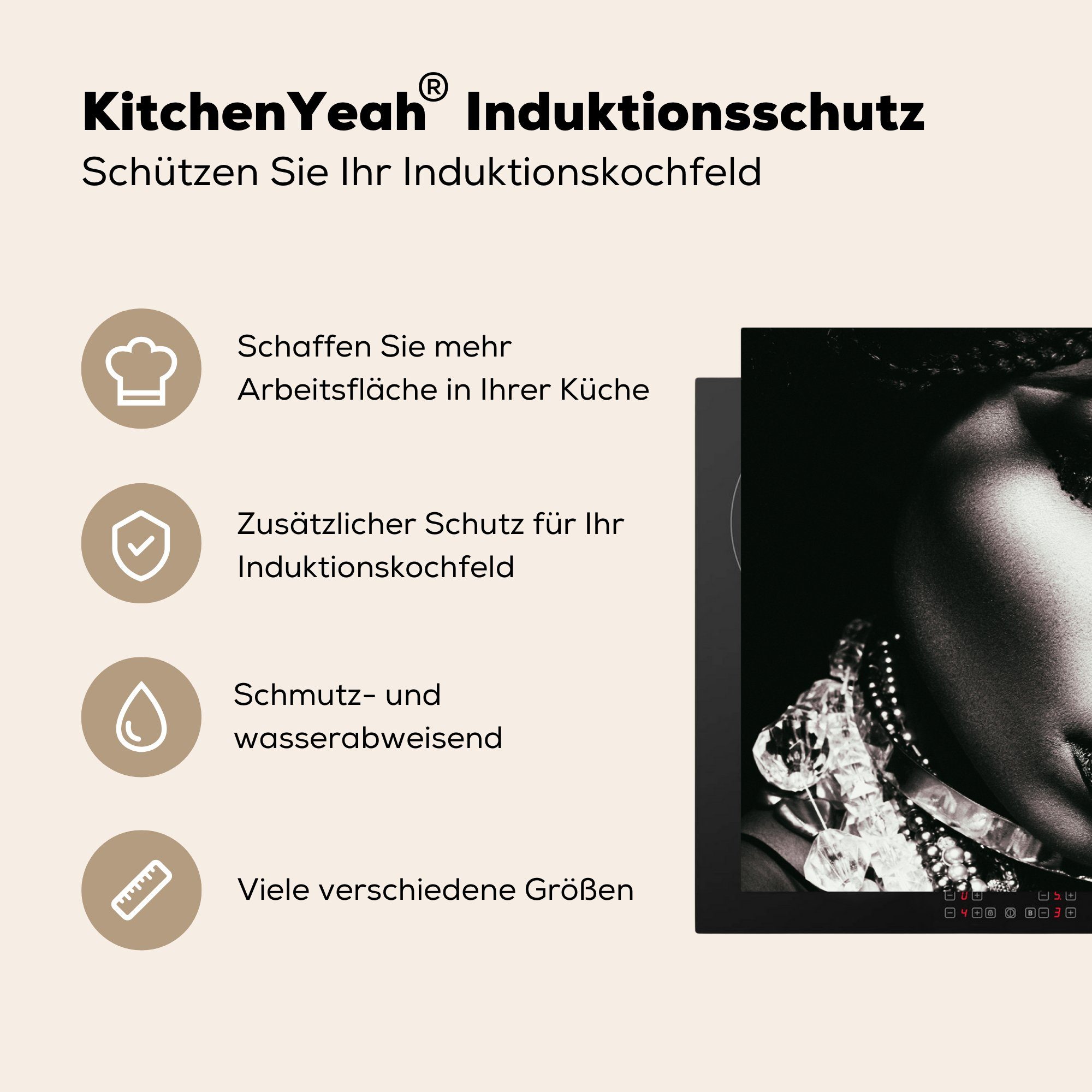 Herdblende-/Abdeckplatte Kette, MuchoWow Vinyl, 81x52 cm, Weiß (1 - Make - - - Schmuck Ceranfeldabdeckung, für küche up tlg), Schwarz - - Frau Ring Arbeitsplatte