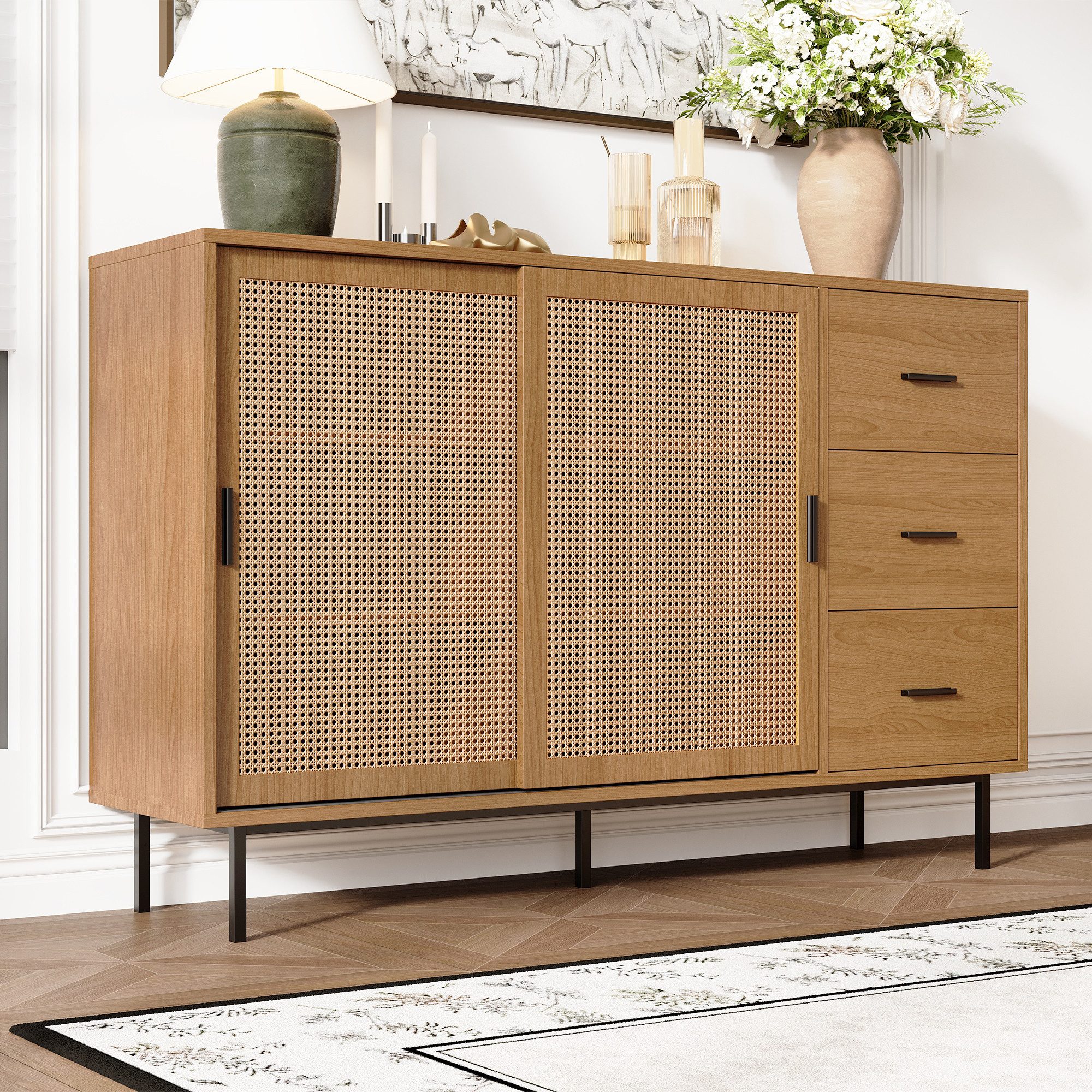 Odikalo Sideboard Kommode Schließfach Schiebetüren Wohn-/ Esszimmer Natur (Sideboard mit 2 Schiebetüren und 3 Schubladen mit verstellbaren Einlegeböden, Sideboard im Landhausstil, geeignet für Wohn- und Esszimmer. Maße: Breite 140/H91/T37 cm)