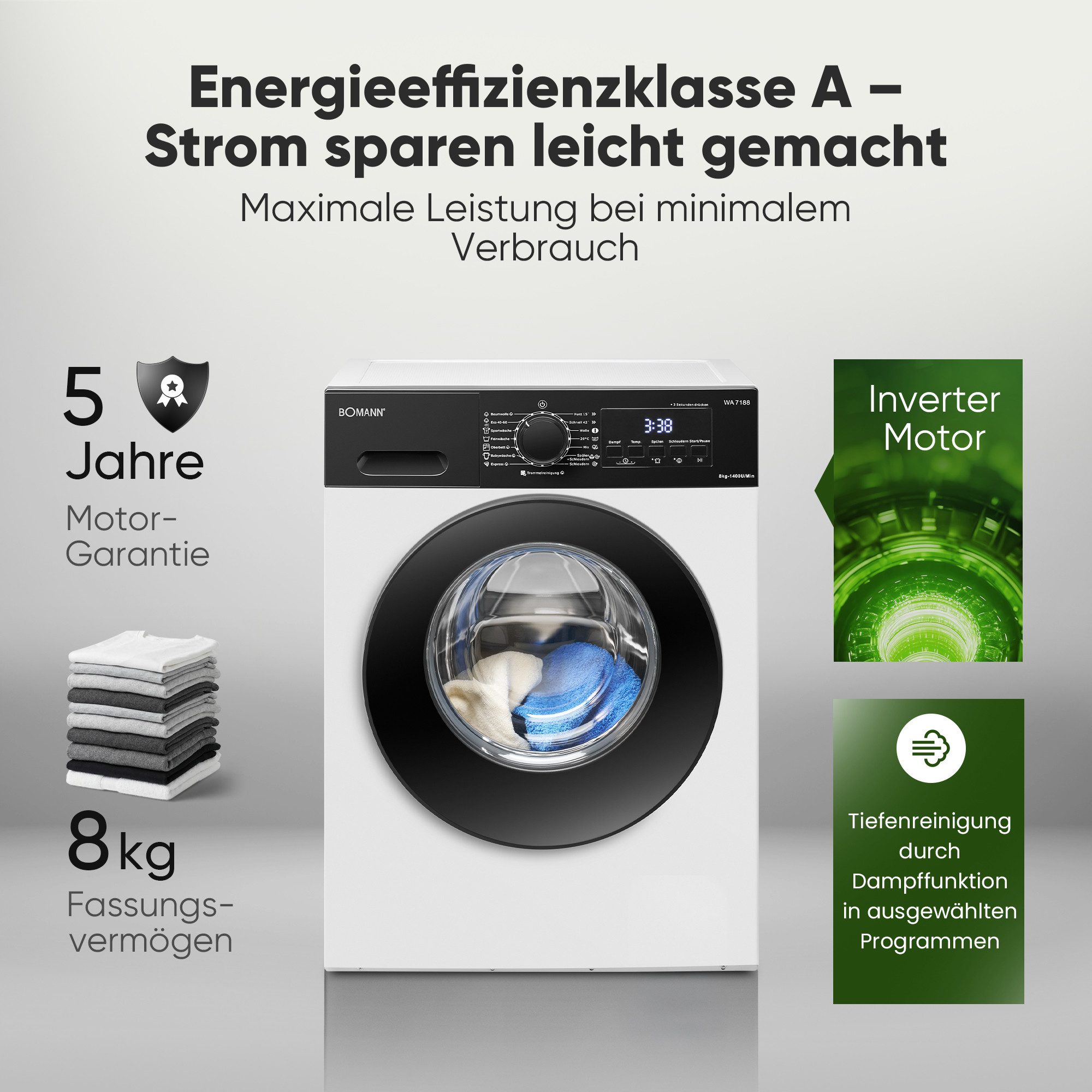 BOMANN Waschmaschine WA 7188, 8 kg, 1400 U/min, 8kg, Invertermotor, 5 Jahre Motor-Garantie