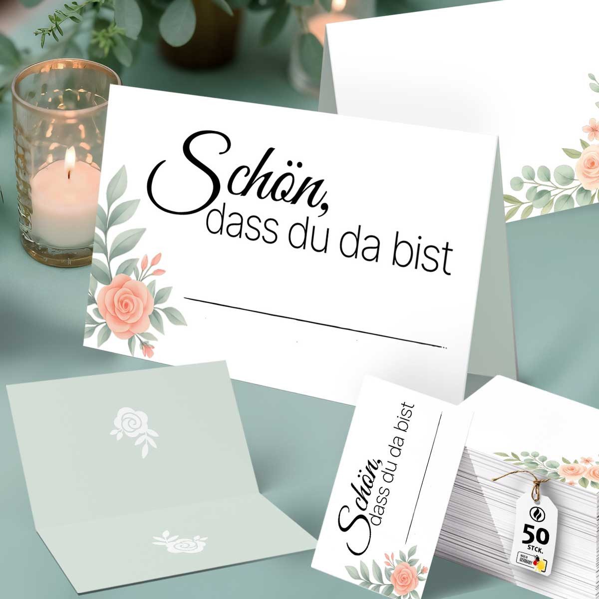 Funke & Brand Grußkarten 50x Schön, dass du da bist Tischkarten Floral Design