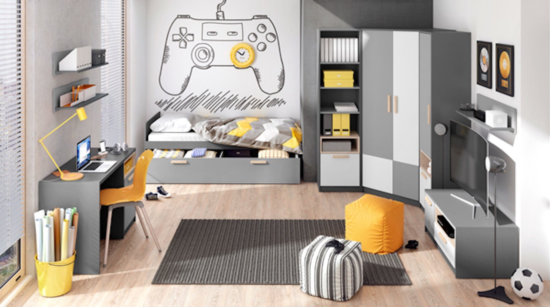 Feldmann-Wohnen Jugendzimmer-Set Pok, 9-tlg graphit grau weiß Buche Ibsen